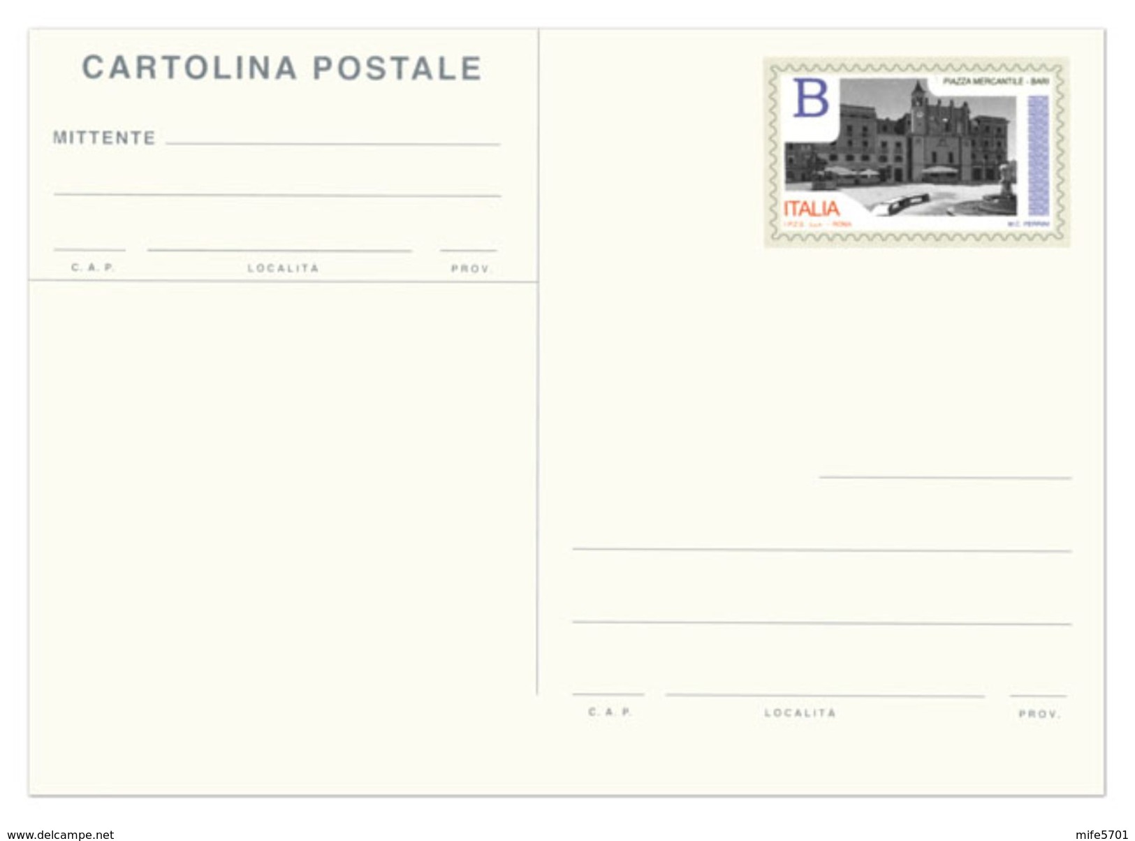 CARTOLINA CON FRANCOBOLLO TARIFFA "B" (0,95 EURO) FRANCOBOLLO CON IMMAGINE PIAZZA MERCANTILE BARI - 2017 - NUOVO ** - Interi Postali