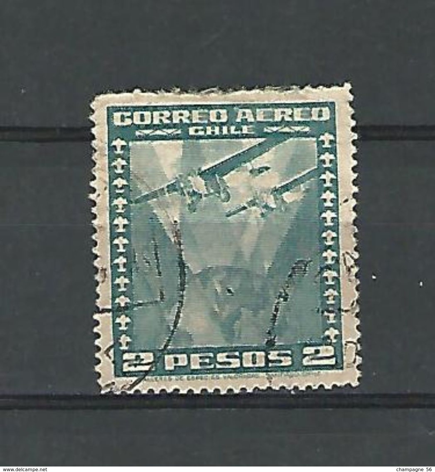 1934 / 1938 N° 39 AMÉRIQUE CHILI  CORREO AEREO 2 PESOS BLEU CLAIRE  OBLITÉRÉ DOS CHARNIÈRE - Chile