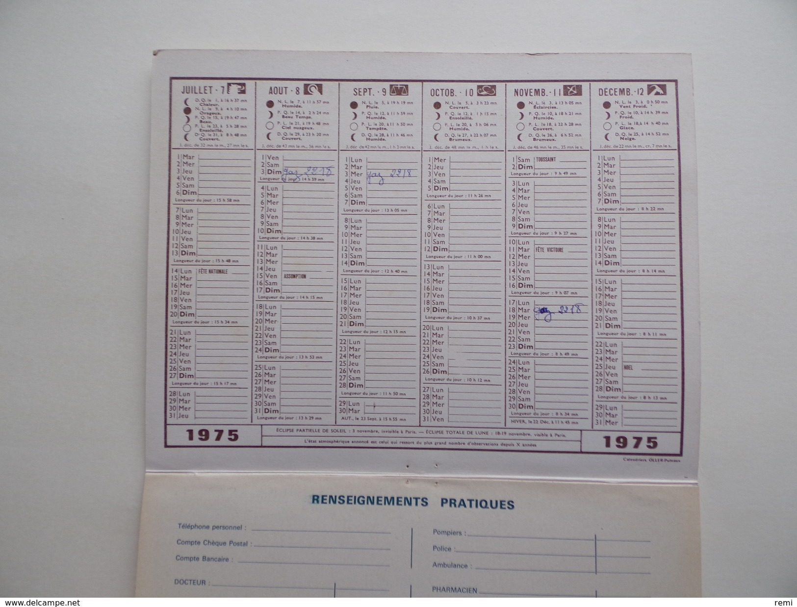 CALENDRIER P.T.T. POSTE POSTES 1975 ALMANACH CALENDAR KALENDER Lerot Loir Chien Fillette - Grand Format : 1971-80