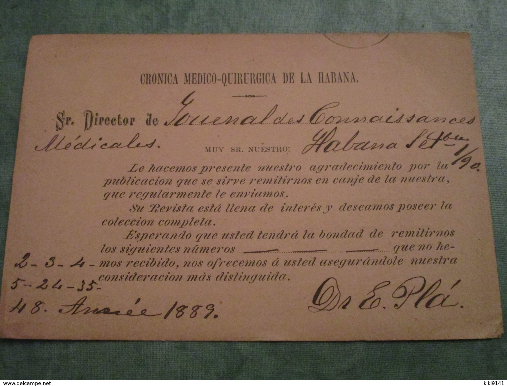 Entier Au Départ De LA HAVANE Pour PARIS Le 1er Septembre 1890 - Préphilatélie