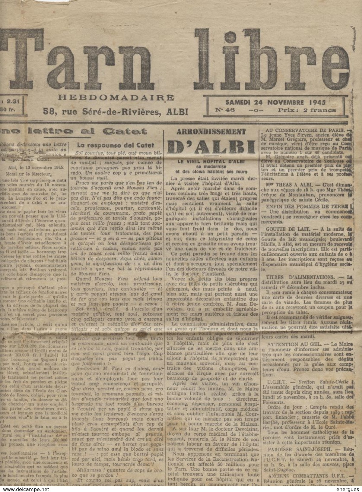 Le Tarn Libre Albi,1945, De Gaulle ,président, MRP, Le Vieil Hôpital D'Albi - Altri & Non Classificati