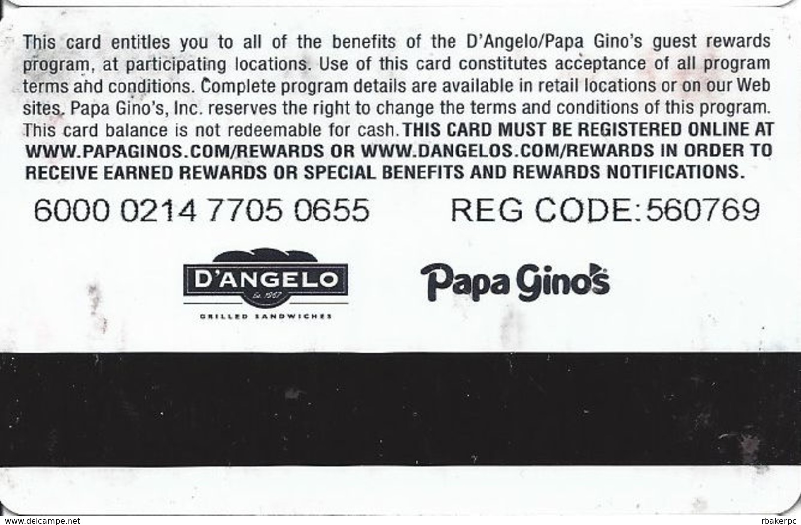 D'Angelo Rewards / Pap Gino's - Customer Loyalty/Membership Card - Other & Unclassified