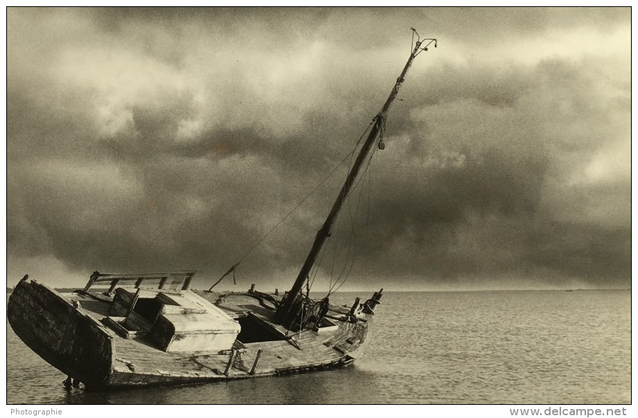 Nord De La France Epave De Bateau A Voile Echouee Ancienne Photo Deplechin 1990 - Boats