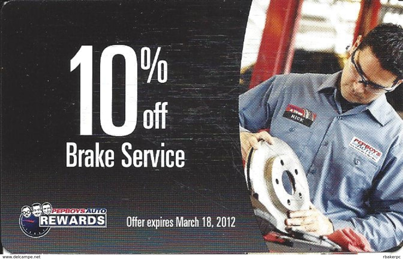 Pepboys Auto Rewards - 10% Off Brake Service - Cardboard Card - Other & Unclassified