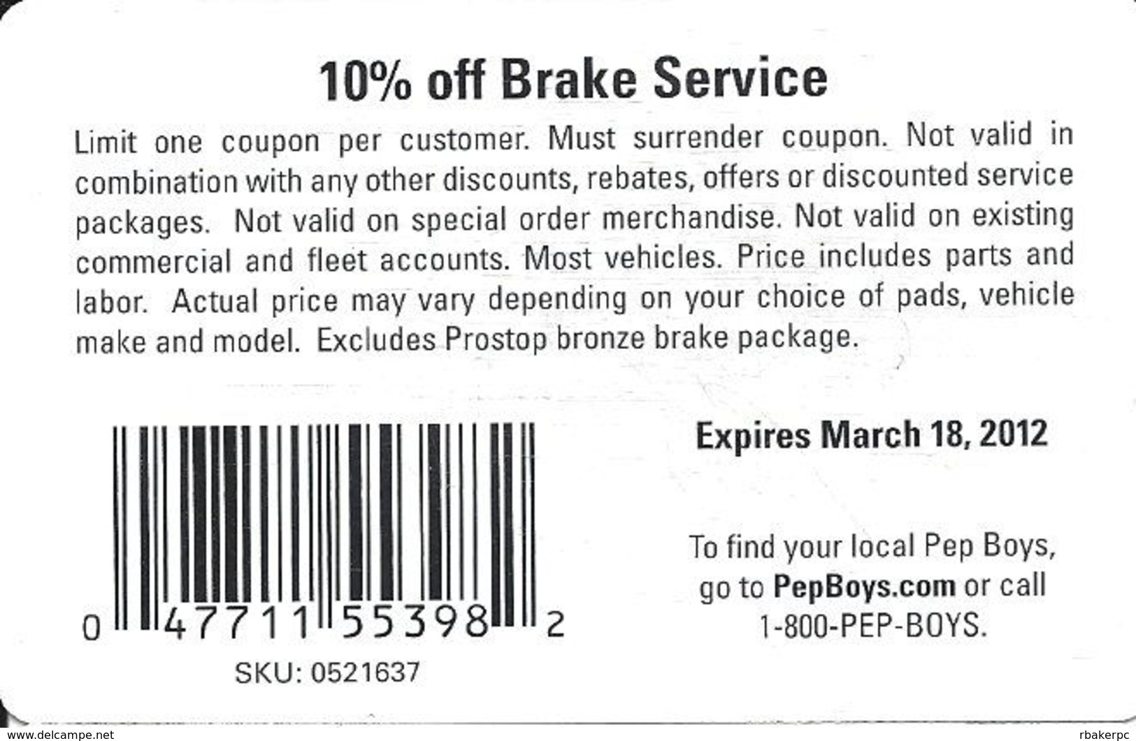 Pepboys Auto Rewards - 10% Off Brake Service - Cardboard Card - Other & Unclassified