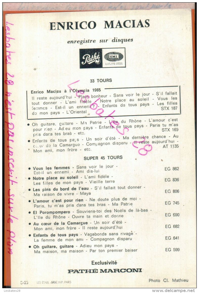 ENRICO MACIAS  CHANTEUR MUSICIEN Carte Photo Document Publicté  PATHE MARCONI Pour  OLYMPIA 1965      JANV 2018 145 - Zonder Classificatie