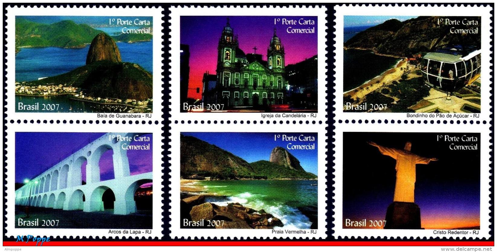 Ref. BR-3003B-DP BRAZIL 2007 CITIES, RIO DE JANEIRO, CHURCHES, REDENTOR, DEPERSONALIZED MNH 6V Sc# 3003B - Nuovi