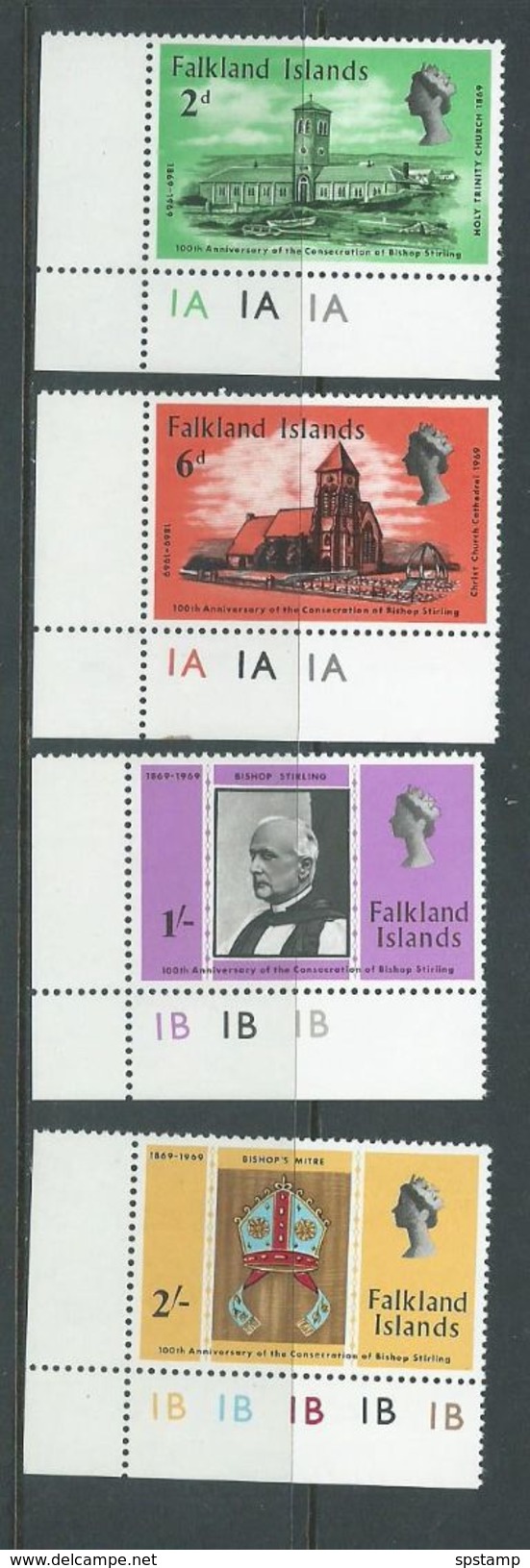 Falkland Islands 1969 Bishop Stirling Set Of 4 MNH Plate Number Corner Singles - Falkland Islands