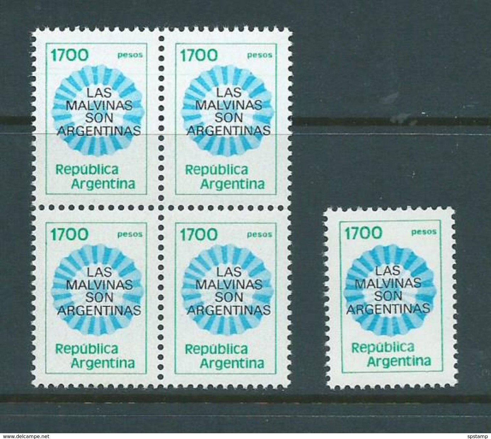 Argentina 1700 Pesos Malvinas Falkland Overprint Block Of 4 & Single MNH - Unused Stamps