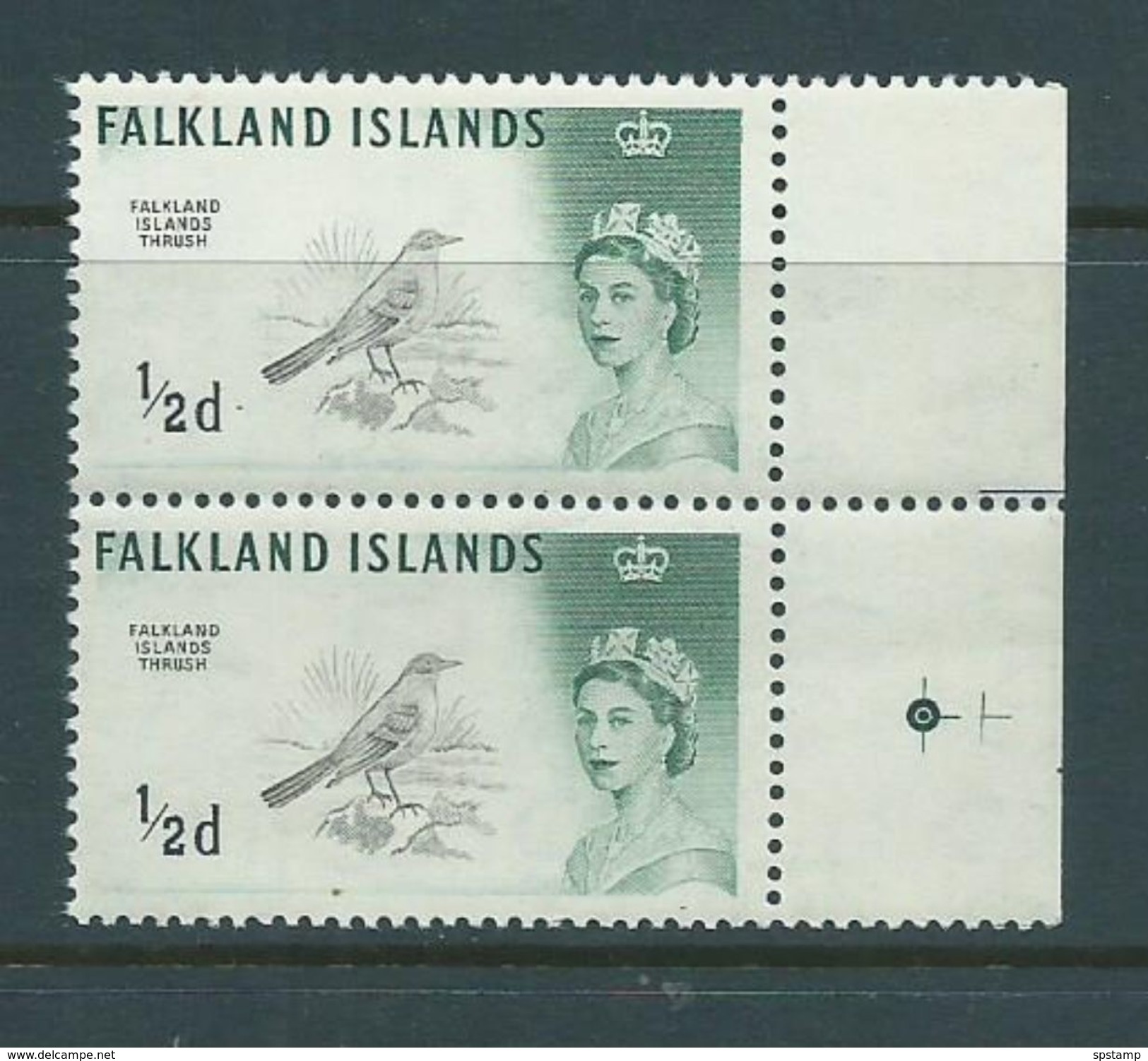 Falkland Islands 1960 Bird Definitives 1/2d Thrush Watermark Sideways MNH Marginal Pair - Falkland Islands