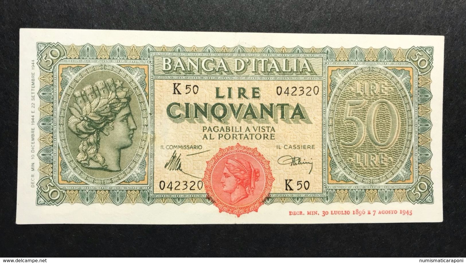 50 LIRE ITALIA TURRITA 10 12 1944 Spl+ OTTIMO BIGLIETTO  LOTTO 328 - 50 Lire