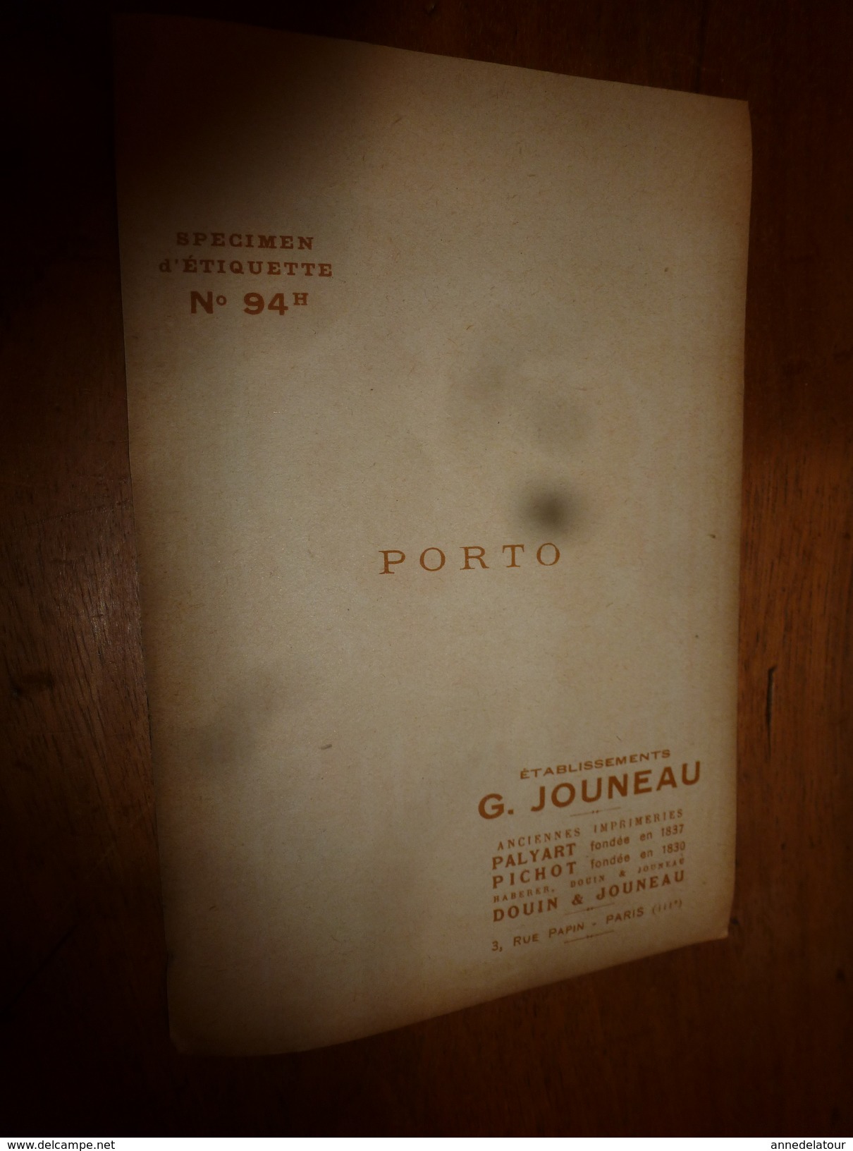 1920 ? Spécimen étiquette De Vin PORTO , N° 94H ,  Déposé,  Imp. G.Jouneau  3 Rue Papin à Paris - Segelboote & -schiffe