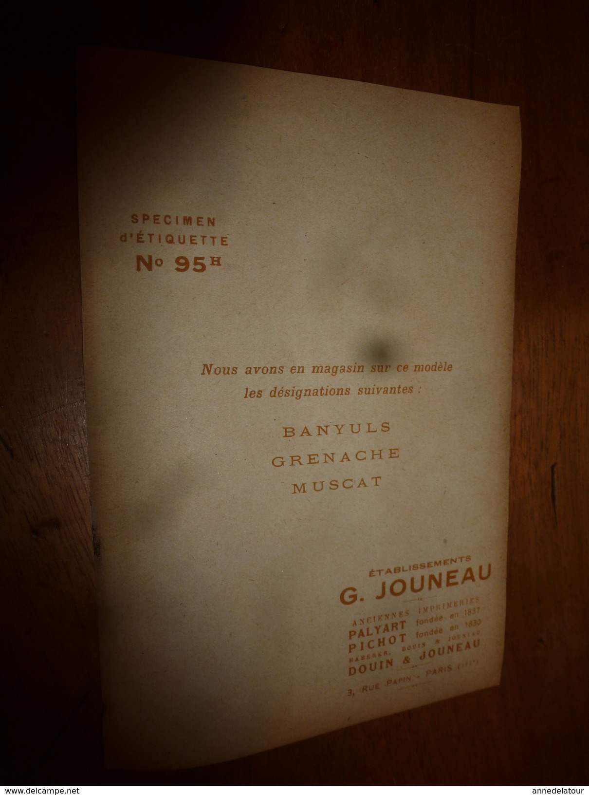 1920 ? Spécimen étiquette De Vin BANYULS , N° 95H ,  Déposé,  Imp. G.Jouneau  3 Rue Papin à Paris - Autres & Non Classés