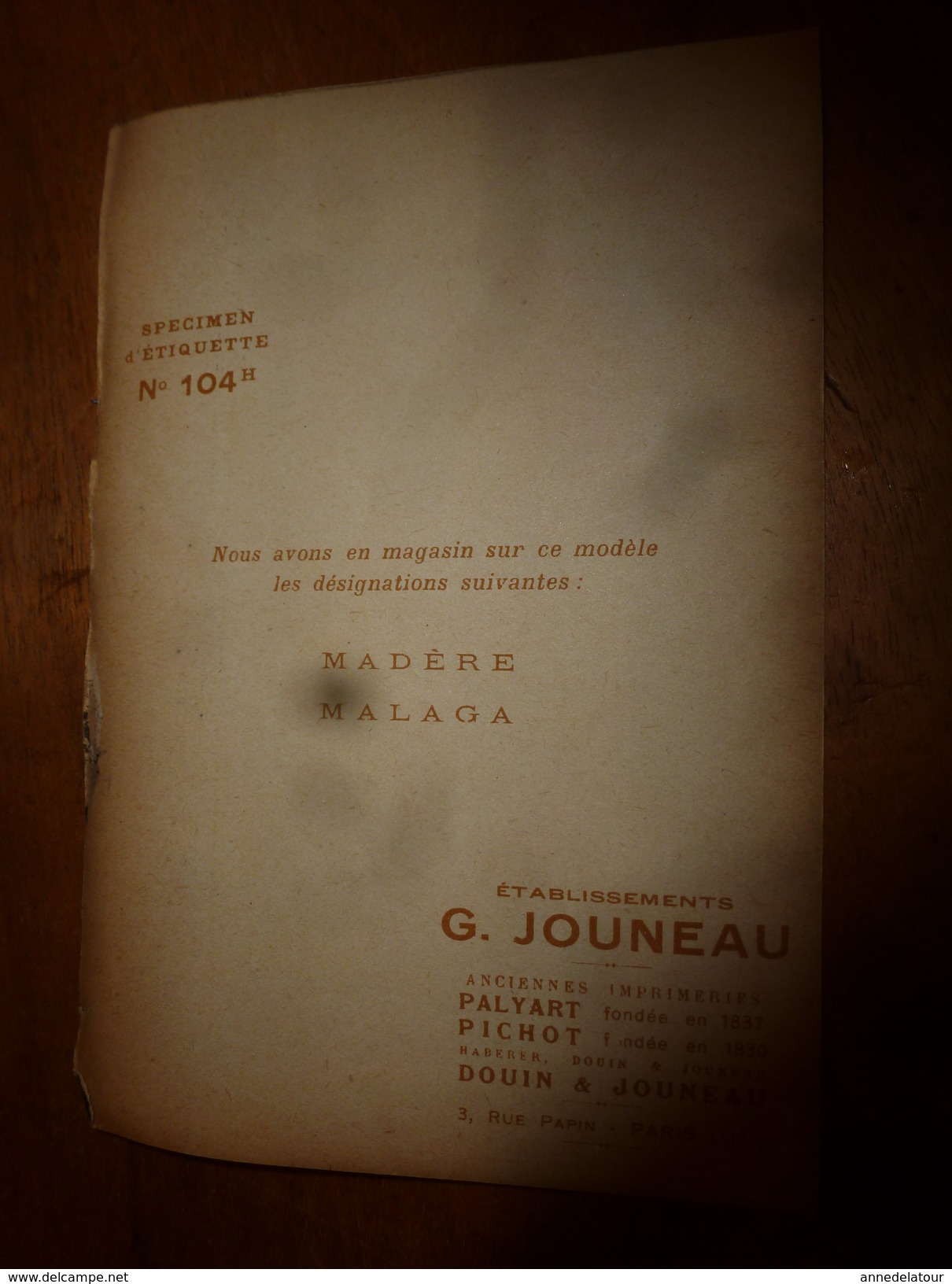 1920 ? Spécimen étiquette De Vin MADÈRE D'origine ,n° 104H ,déposé, Imp. G.Jouneau  3 Rue Papin à Paris - Art Nouveau