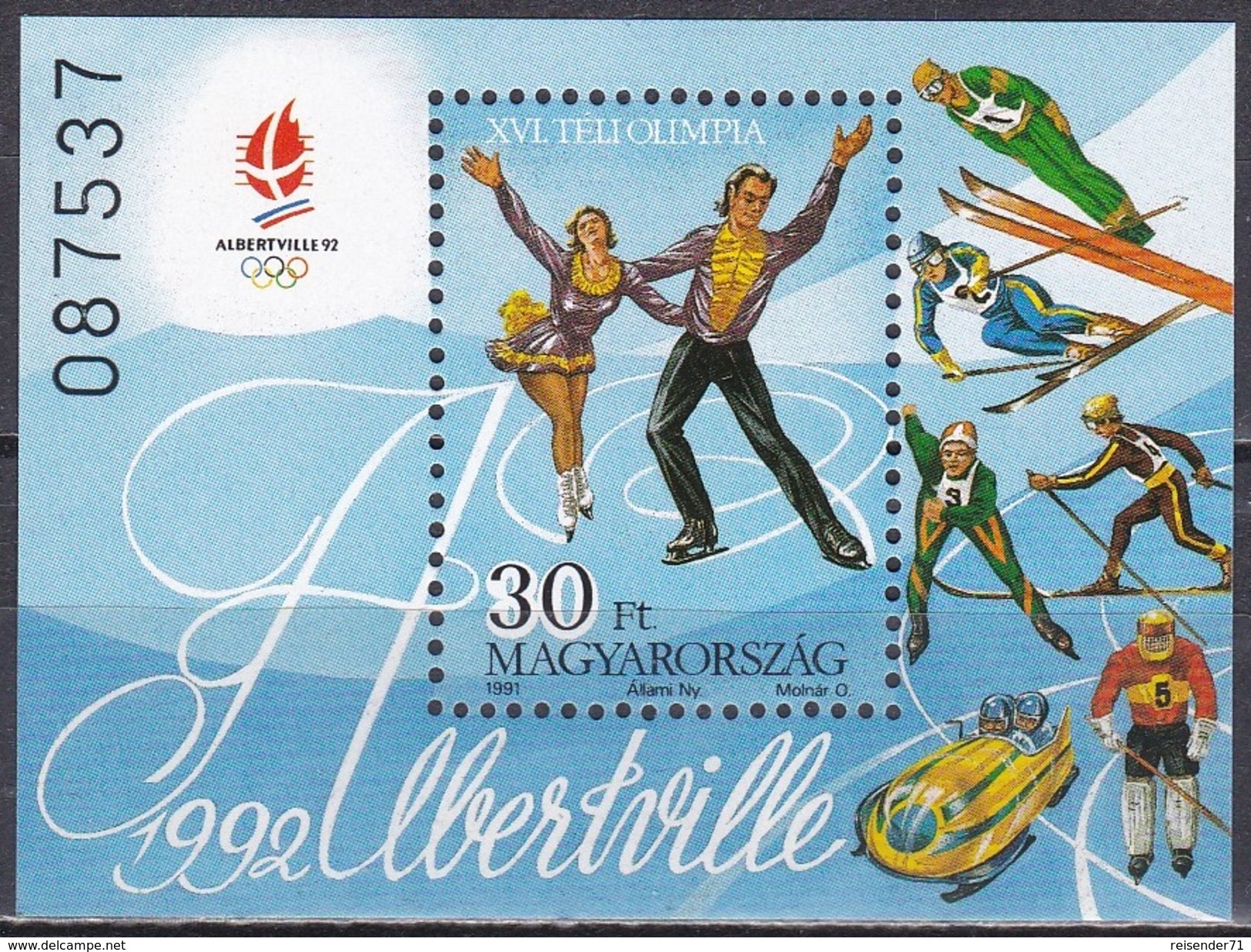 Ungarn Hungary 1991 Sport Spiele Olympia Olympic Winterspiele Albertville Eiskunstlauf, Bl. 219 ** - Ungebraucht