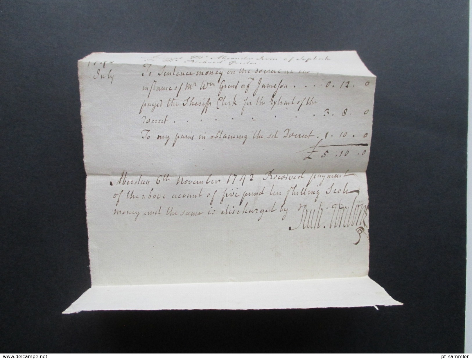 GB Vorphila Brief 1742 Aberdeen - ....of Saphock. Receipt / Rechnung. Sendung Von Geld! Schottland - ...-1840 Vorläufer