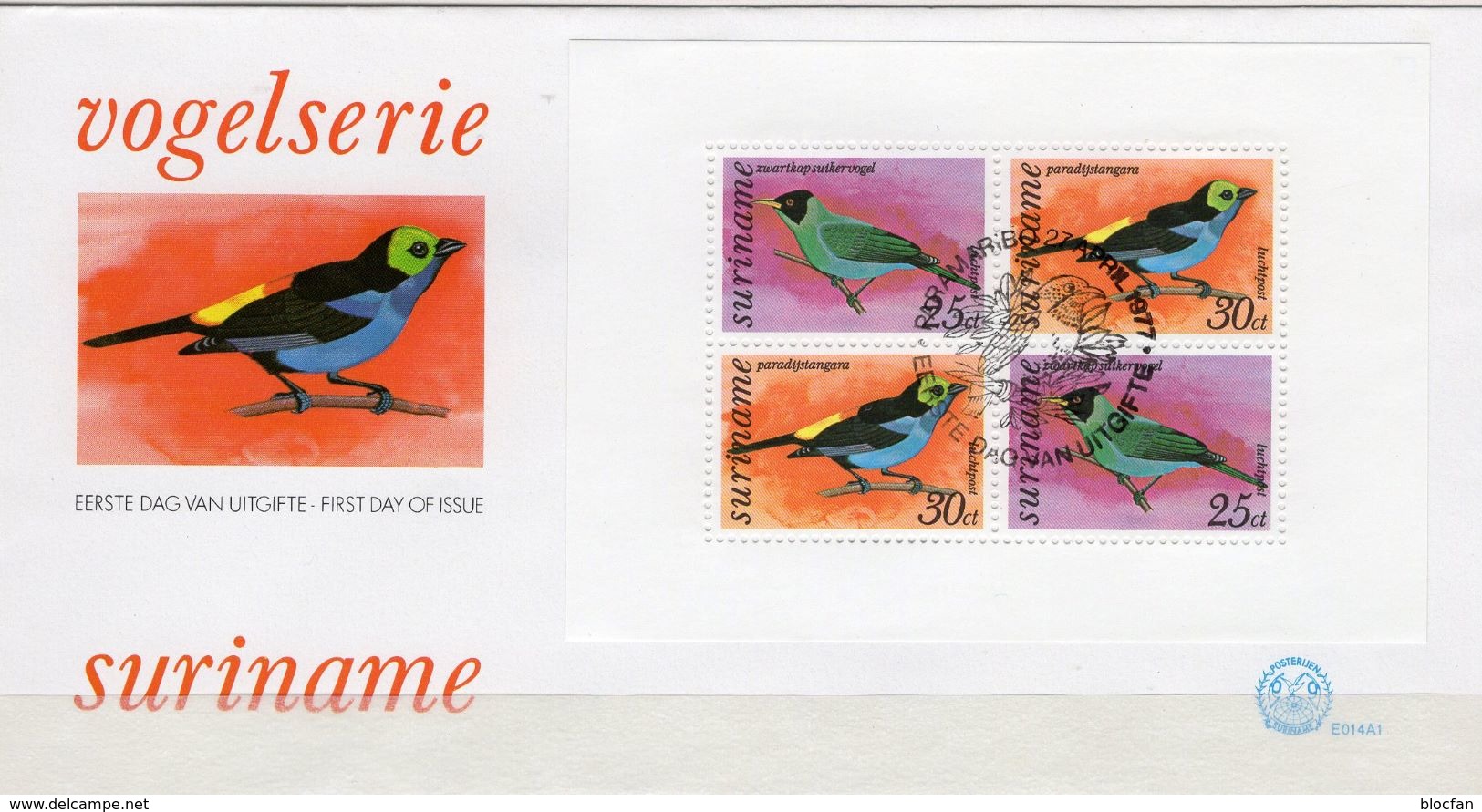 WWF Singvögel 1977 Surinam Block 18 FDC 11€ Vogelwelt Naschvogel Vogel Tangare Hoja Bloc Ss Fauna Ms Sheet Bf Birds - Oblitérations & Flammes