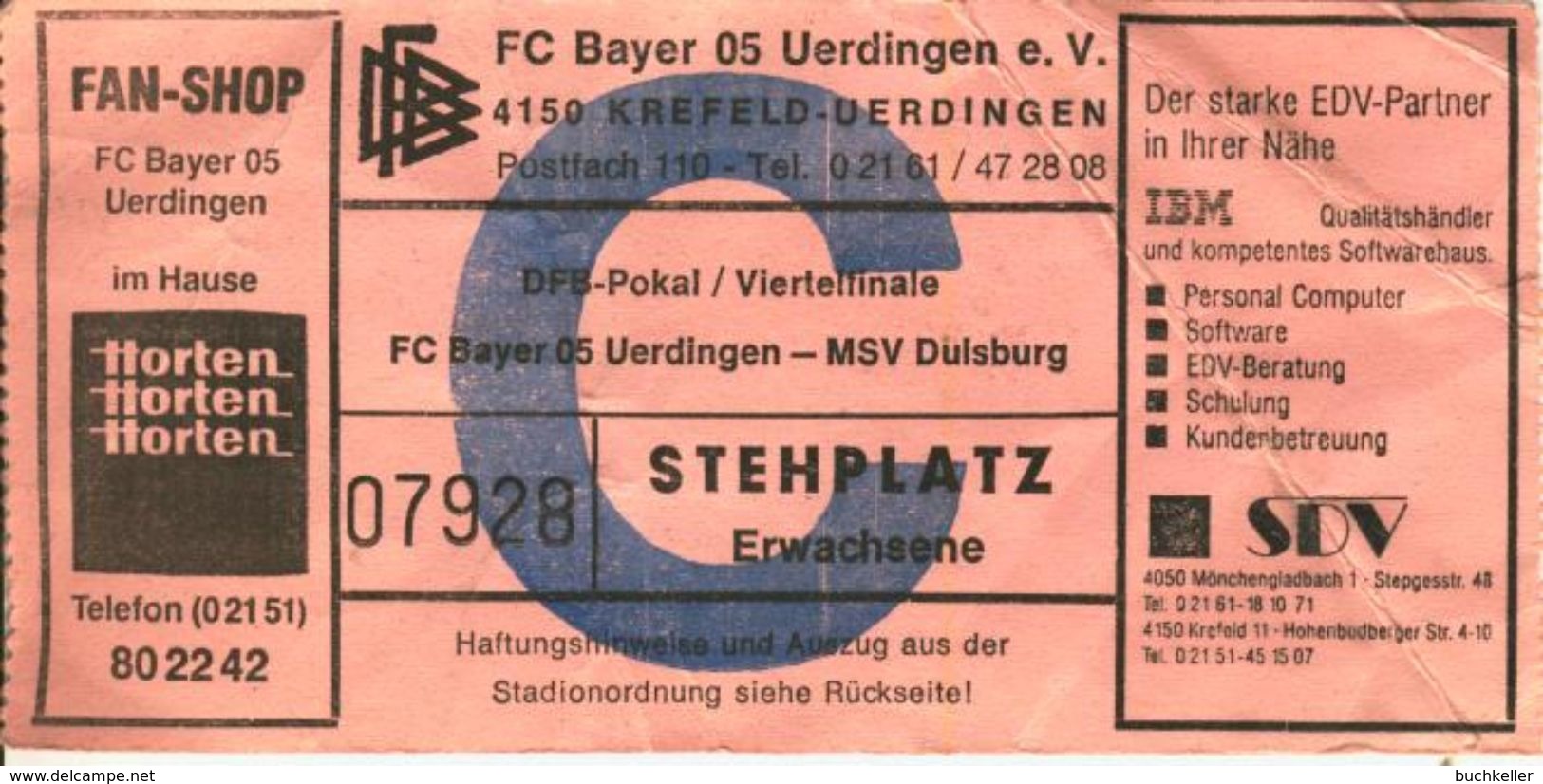 Eintrittskarte FC Bayer 05 Uerdingen - MSV Duisburg DFB-Pokal Viertelfinale 1990/91 - Eintrittskarten
