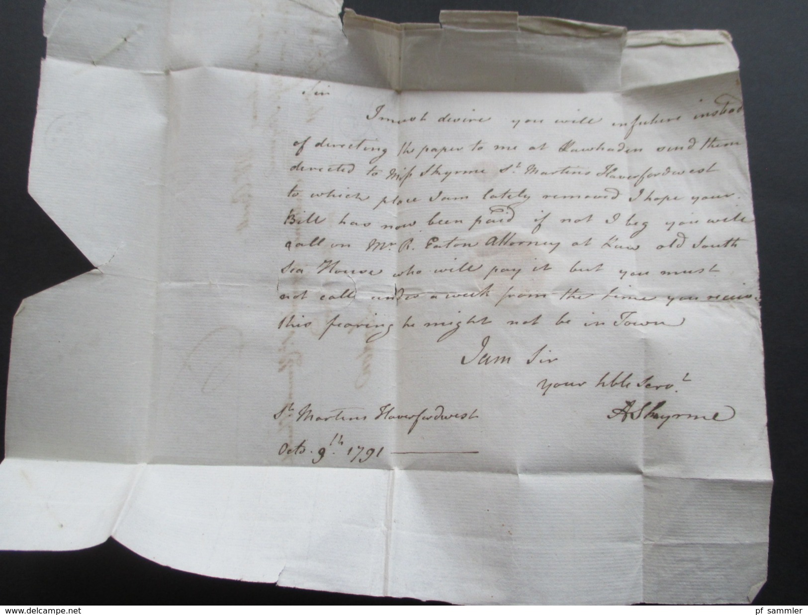 GB Vorphila 1791 Brief von Haverfordwest-London. Wales! Stationer opposito st. Clement Church. St. Martins Haverfordwest
