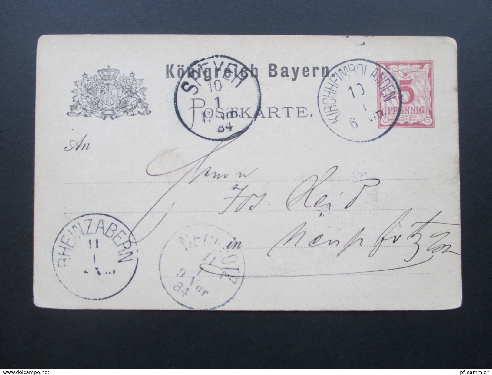 AD Bayern 1884 Ganzsache Von Kirchheimbolanden Nach Neuholtz über Speyer Und Rheinzabern. Mit 4 Stempeln! - Enteros Postales