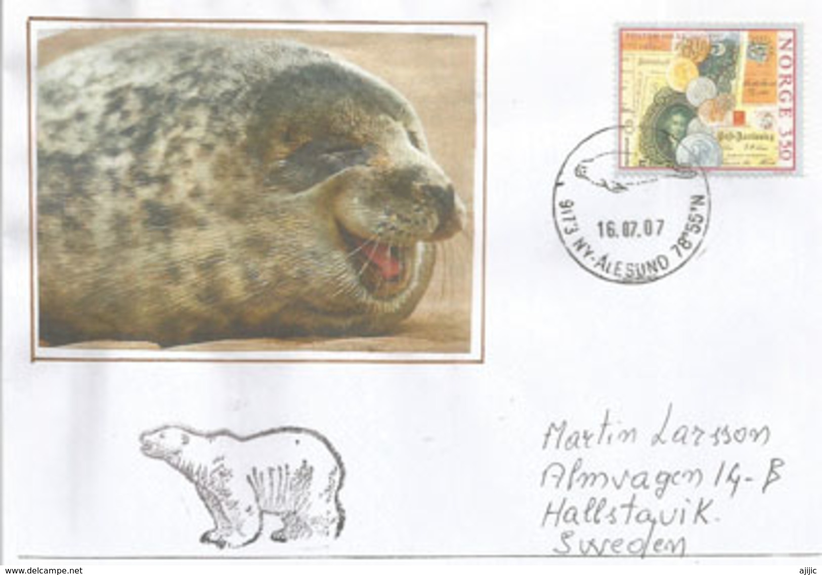 Faune Du Spitzberg (Phoque Et Ours Polaire) , Lettre De Ny-Alesund, Adressée En Suède. - Arctic Tierwelt