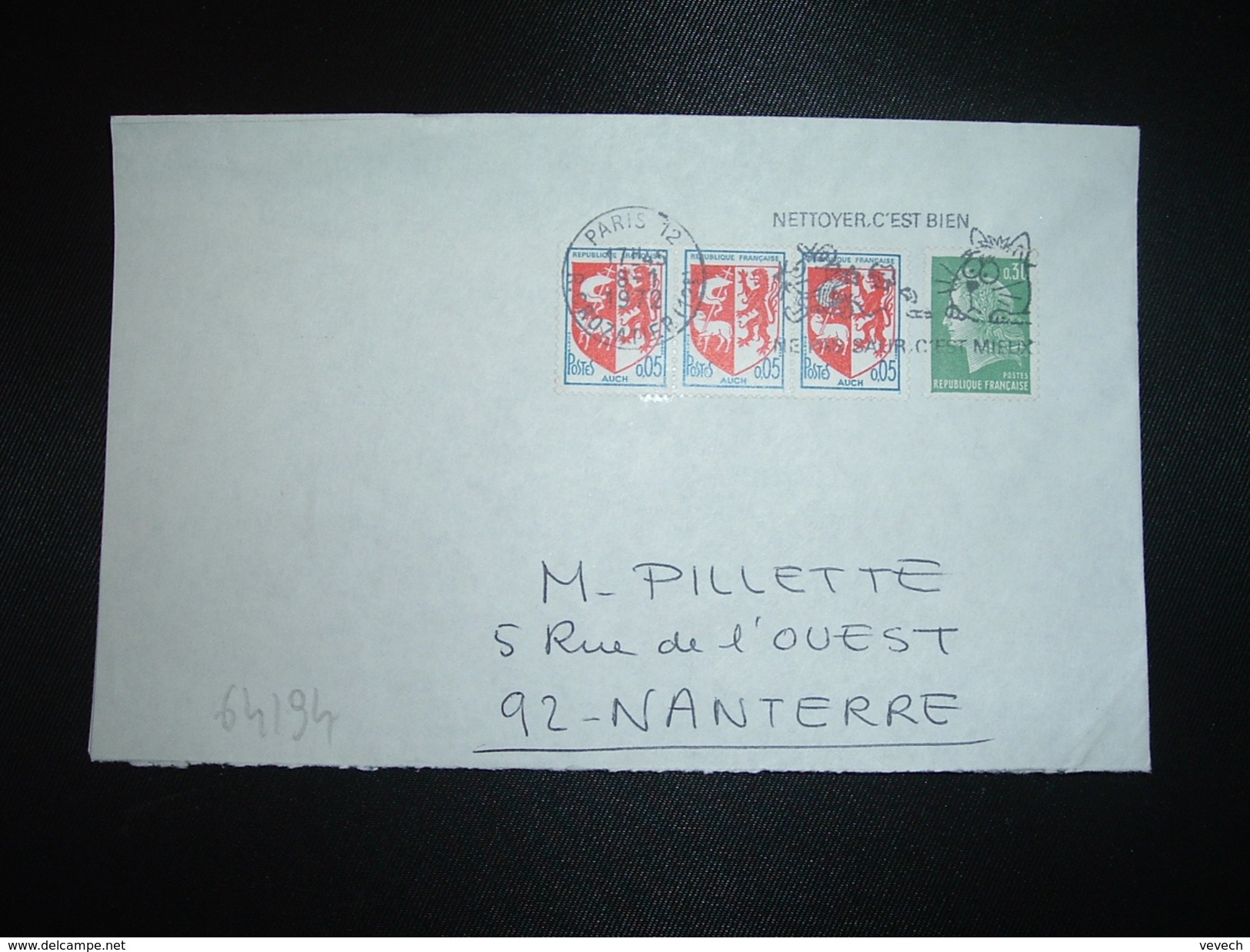 LETTRE TP M.DE CHEFFER 0,30 + AUCH 0,05 X3 OBL.MEC.8-1-1972 PARIS 12 NETTOYER, C'EST BIEN NE PAS SALIR, C'EST MIEUX - Tarifs Postaux