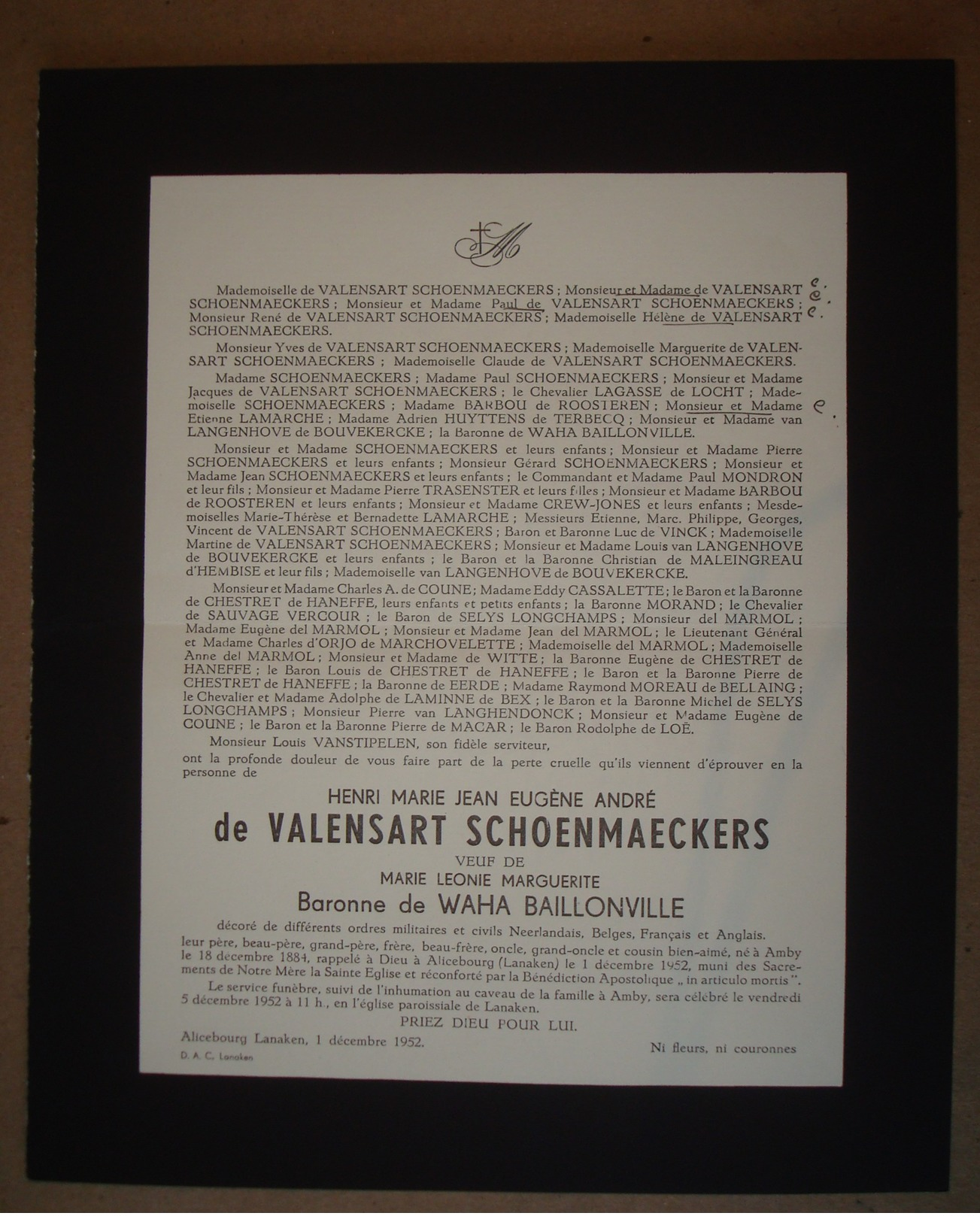 Faire-part Du Décès De Henri De Valensart Schoenmaeckers, Veuf De La Baronne Marie De Waha Baillonville, 1884-1952. - Décès