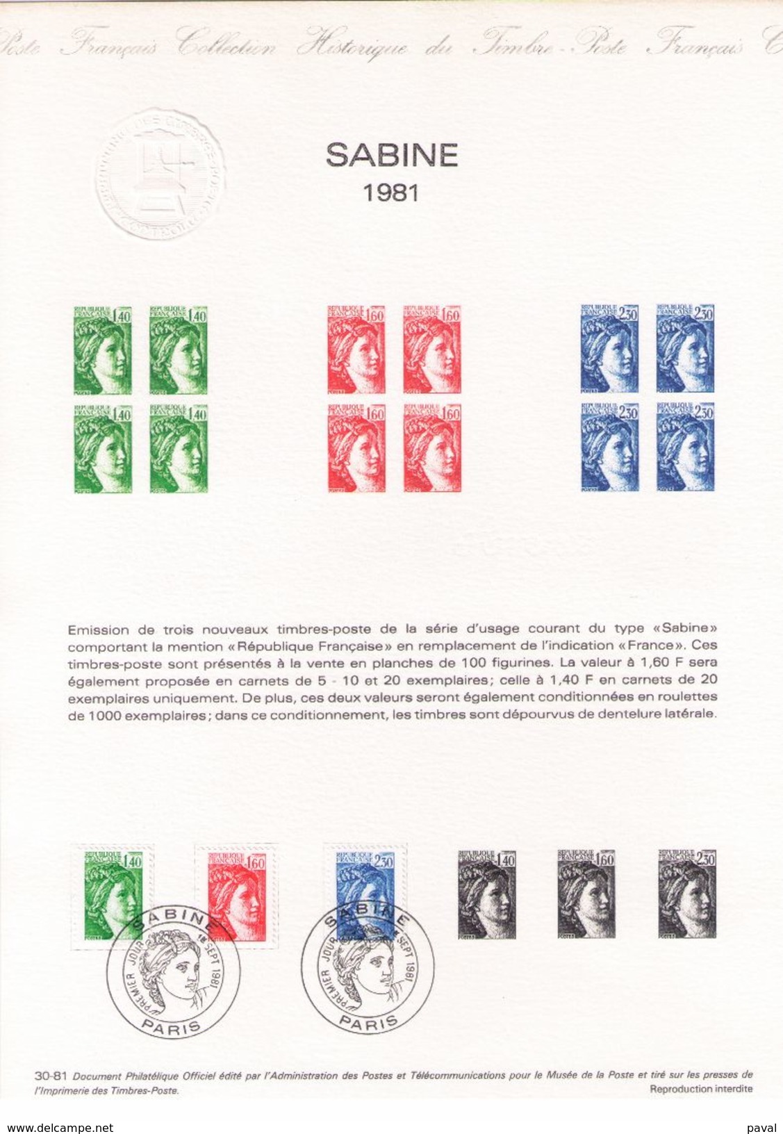 DOCUMENT PHILATELIQUE OFFICIEL 30-81, SABINE 1ER JOUR 1ER SEPT 1981, - Documenti Della Posta