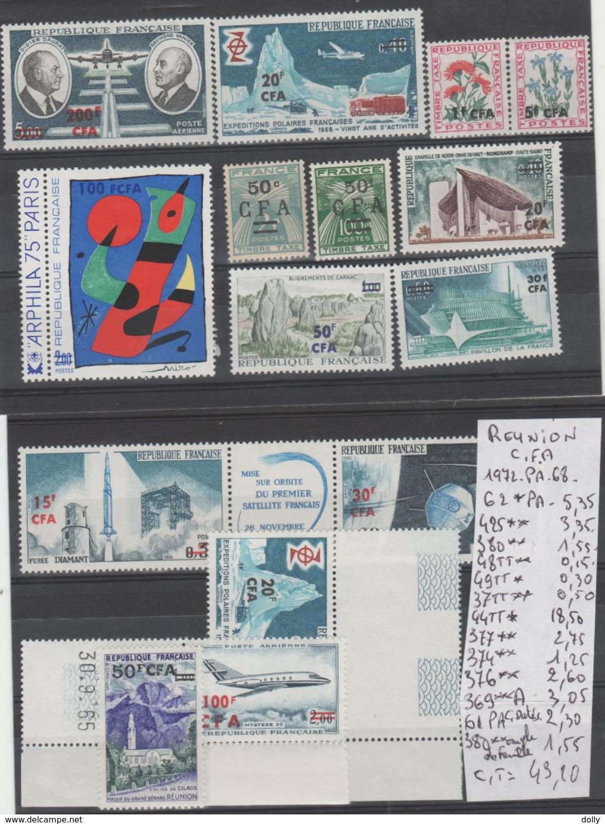 TIMBRE DE REUNION C F A NEUF ** LUXES PA - T TAXE 1949-55-67 -68-72 Nr VOIR SUR PAPIER AVEC TIMBRES  COTE  81.25€ - Luftpost