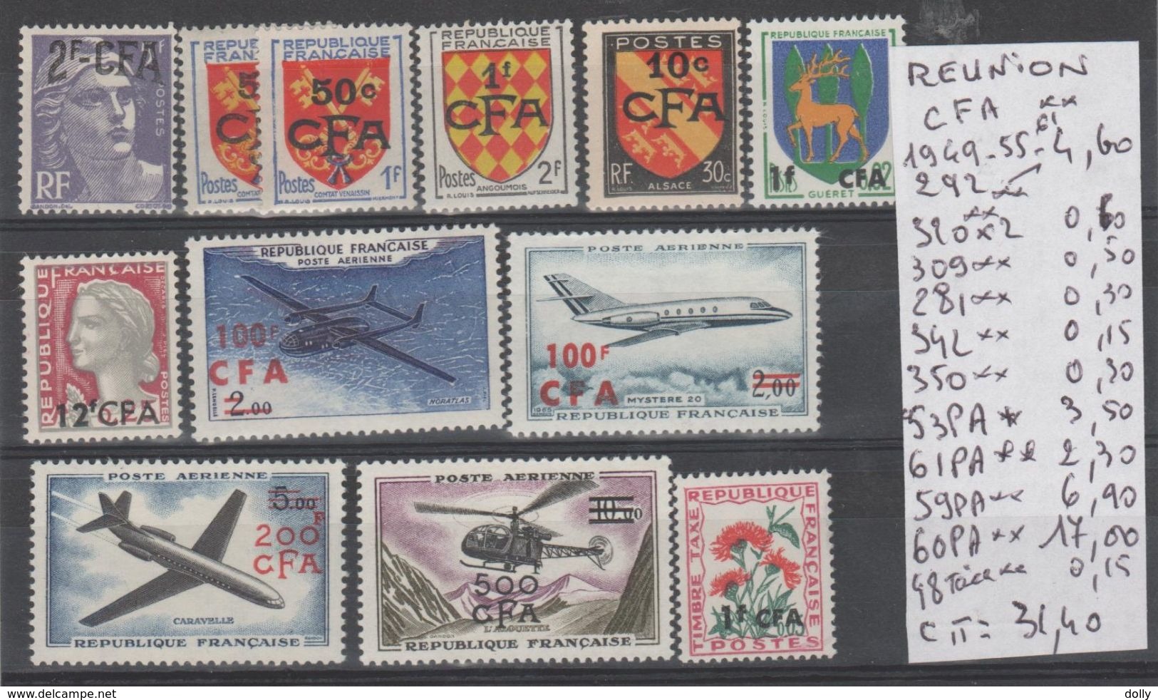 TIMBRE DE REUNION C F A NEUF ** LUXES PA - T TAXE 1949-55-67 -68-72 Nr VOIR SUR PAPIER AVEC TIMBRES  COTE  81.25€ - Luftpost