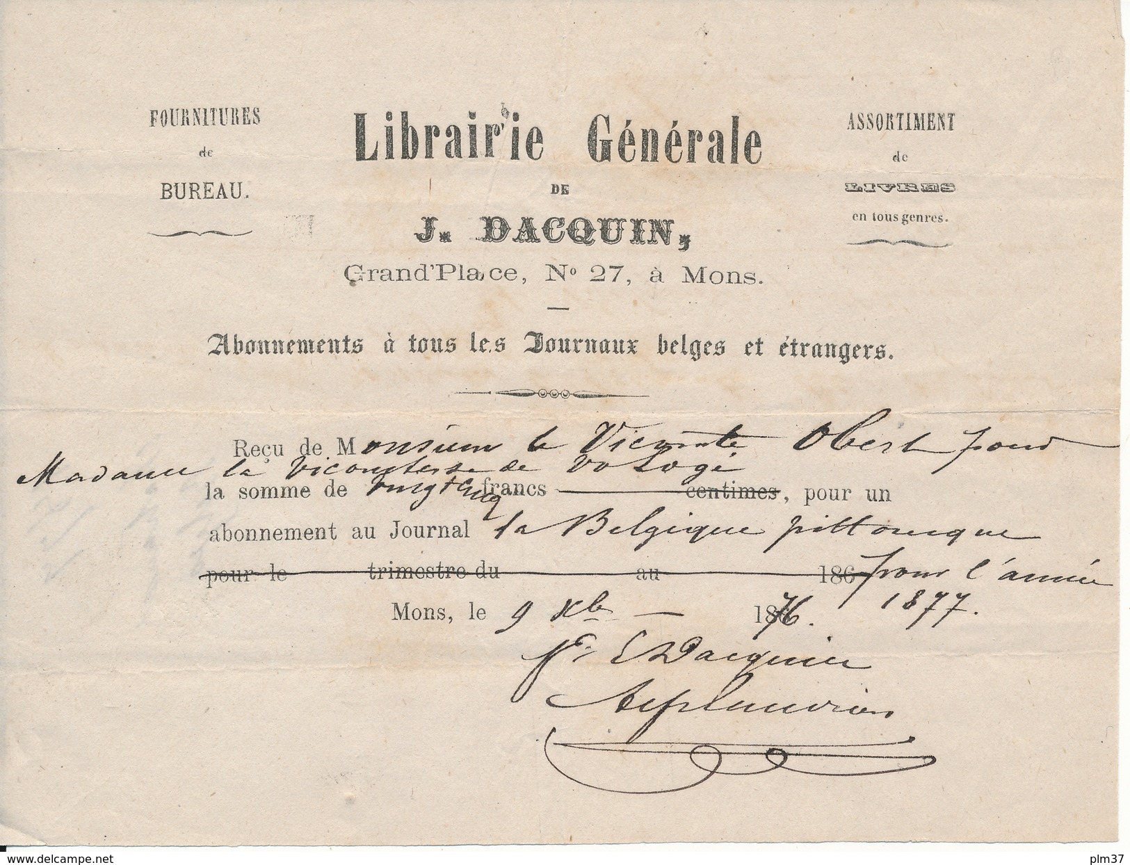 Facture, Reçu 1876 - MONS, Librairie Générale De J. Dacquin - Abonnement Au Journal "La Belgique Pittoresque" - 1800 – 1899