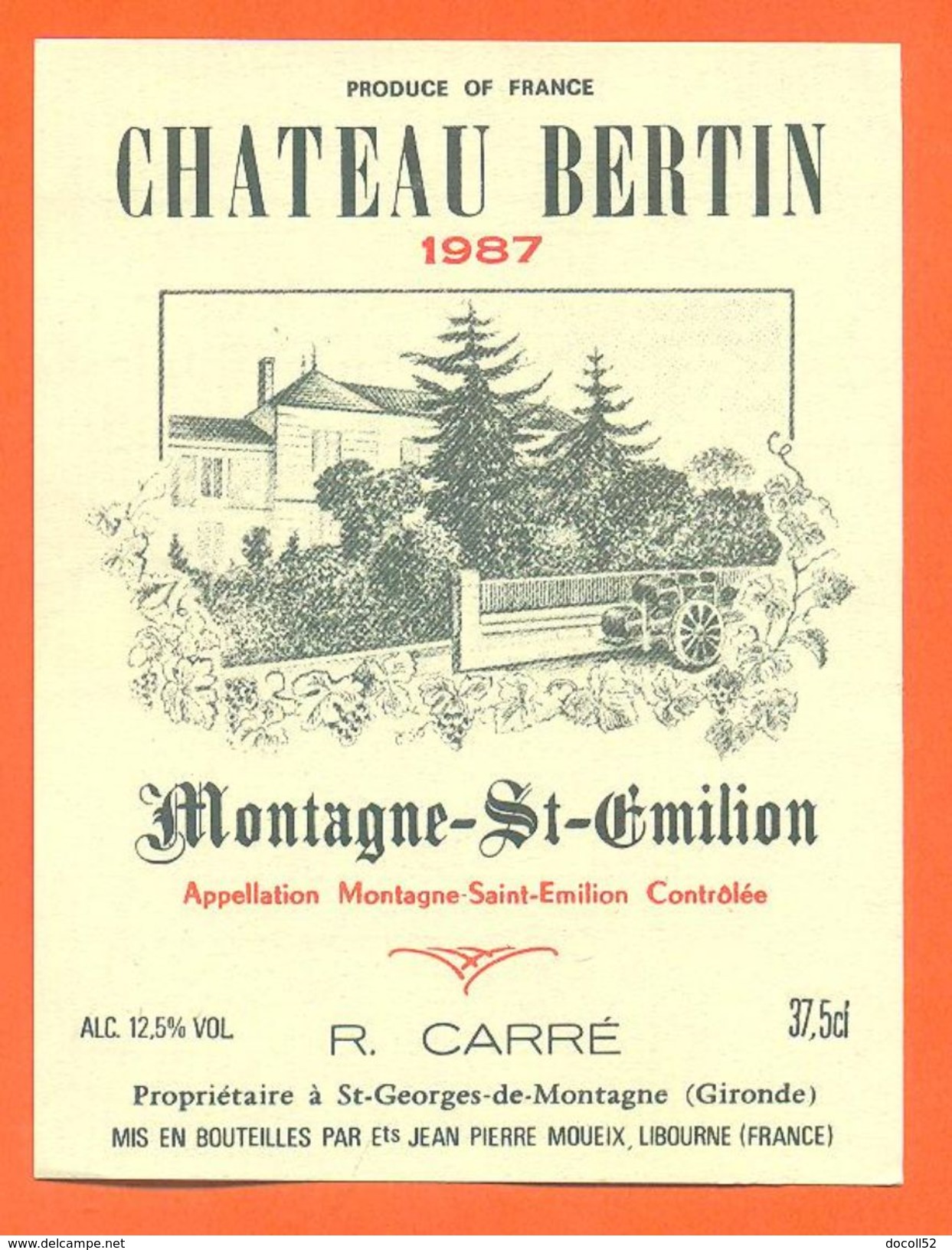 Etiquette Vin De Bordeaux Montagne Saint émilion 1987 Chateau Bertin - 37,5 Cl - Bordeaux
