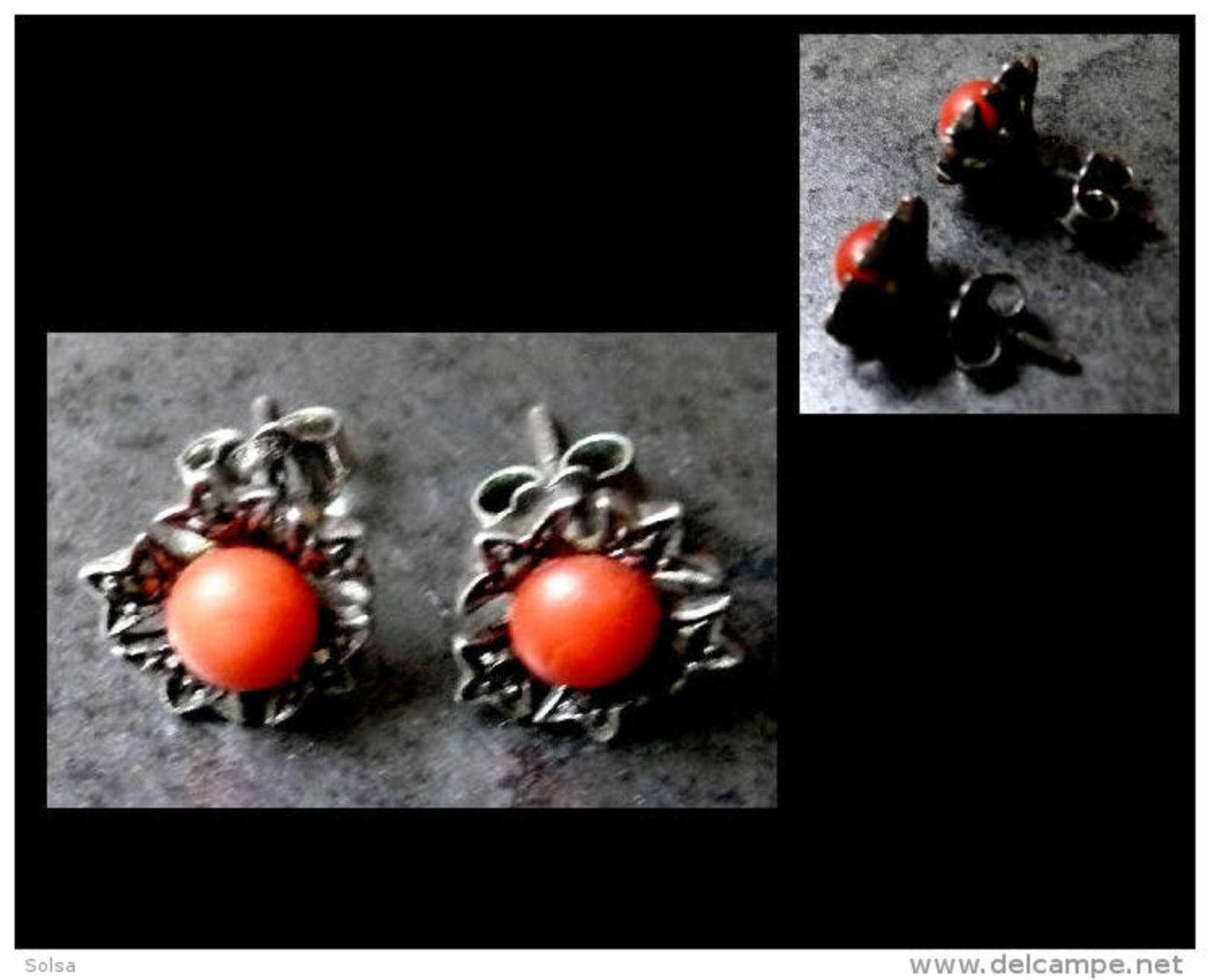 Anciennes Boucles D'oreille Transylvaniennes En Argent Et Corail/ Old Silver And Coral Transylvanian Earrings - Boucles D'oreilles