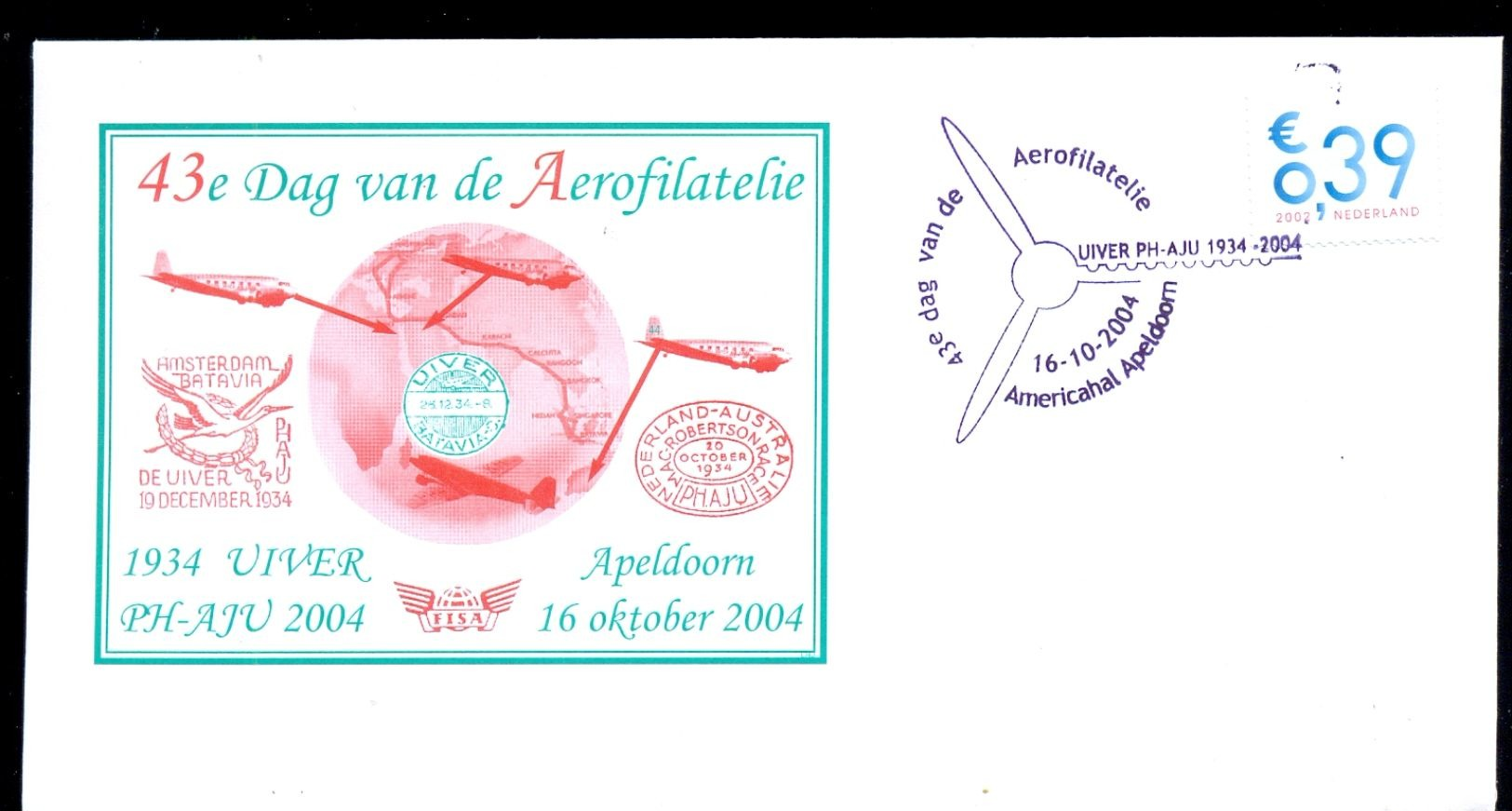 NETHERLANDS 2004 FDC 43e DAG VD AEROFILATELIE AEROPHILATELY DAY *  MARCOPHILY * AVIATION STORK BIRD UIVER - FDC