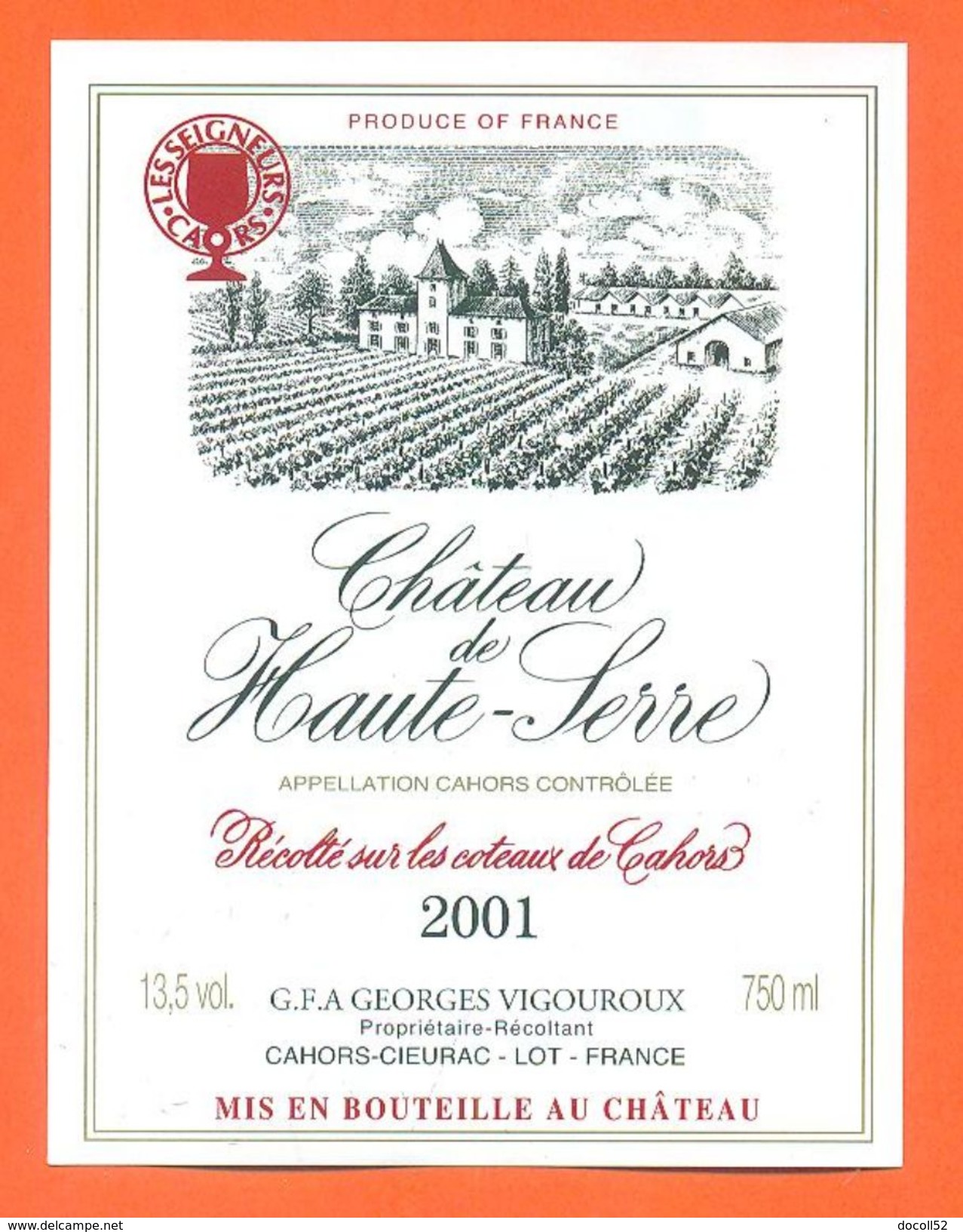 Etiquette Vin De Cahors 2001 Chateau De Haute Serre - 75 Cl - Cahors