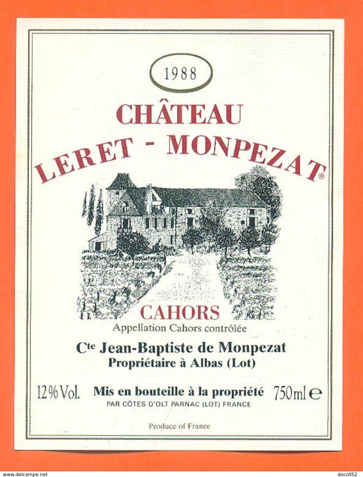 Etiquette Vin De Cahors 1988 Chateau Leret Monpezat - 75 Cl - Cahors