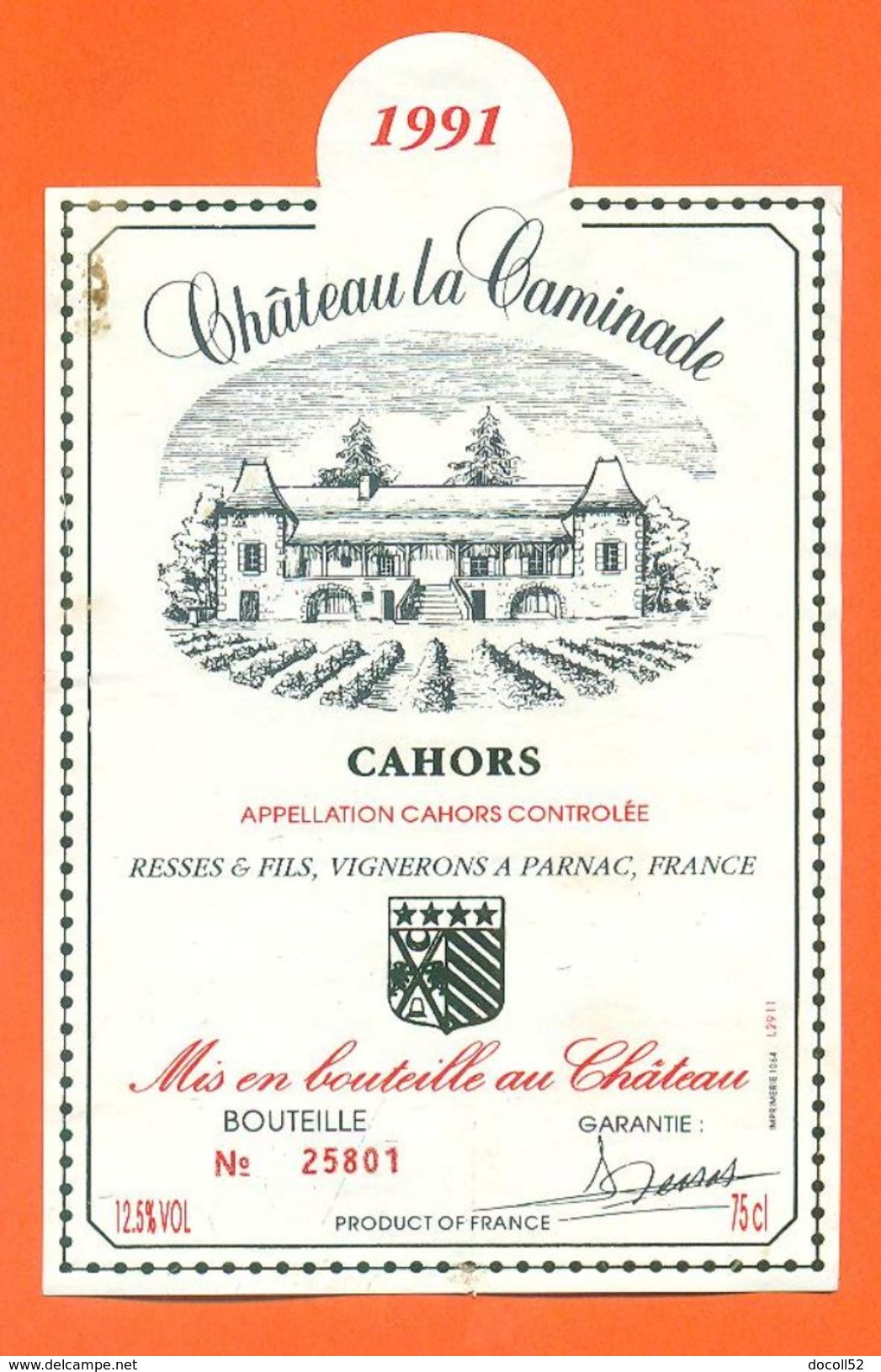 Etiquette Vin De Cahors 1991 Chateau La Caminade - 75 Cl - Cahors