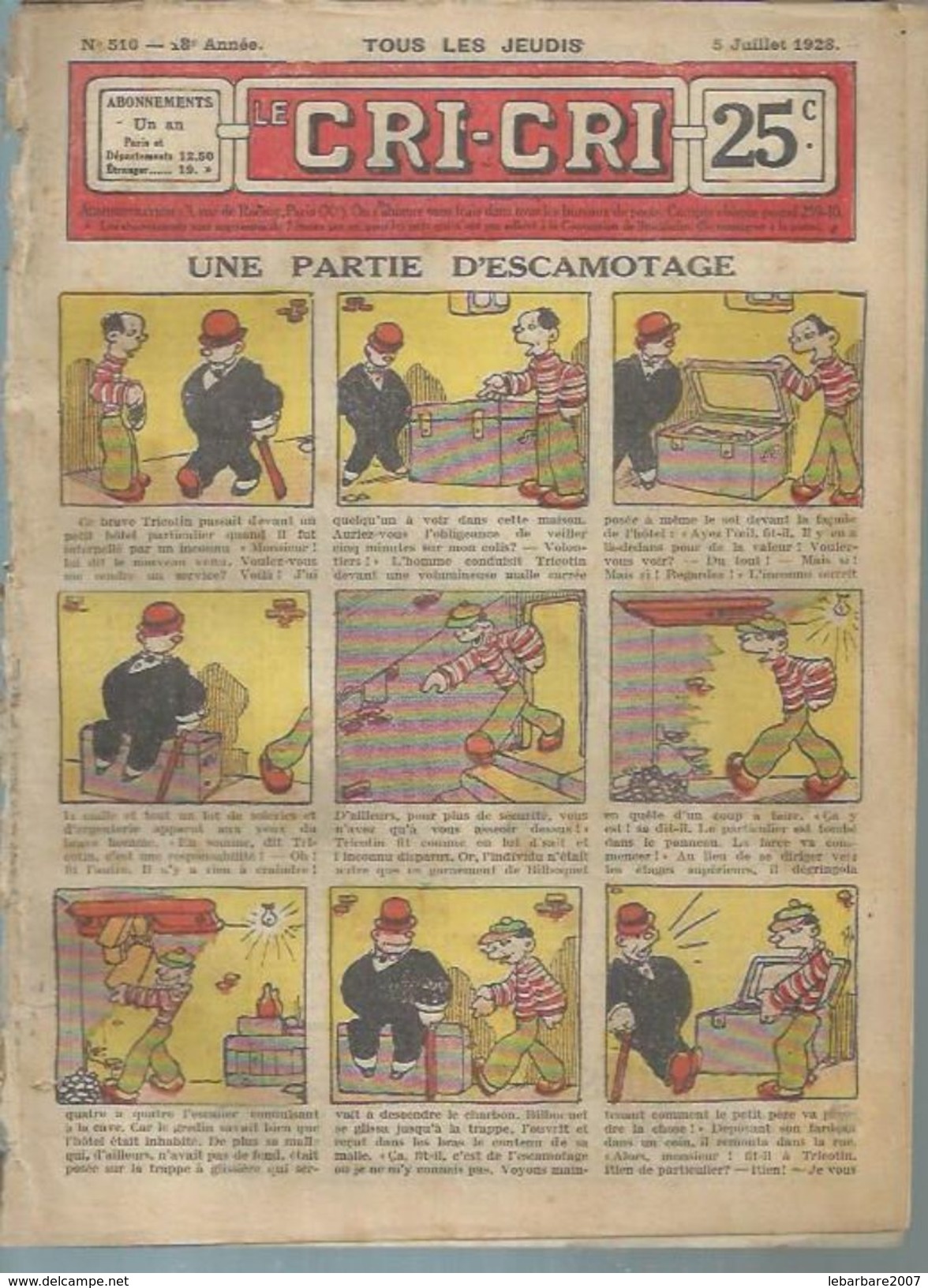 LE CRI-CRI  N° 510  " UNE PARTIE D'ESCAMOTAGE "   -  OFFENSTADT - JUILLET 1928 ( Avec CHARLOT De THOMEN ) - Autre Magazines