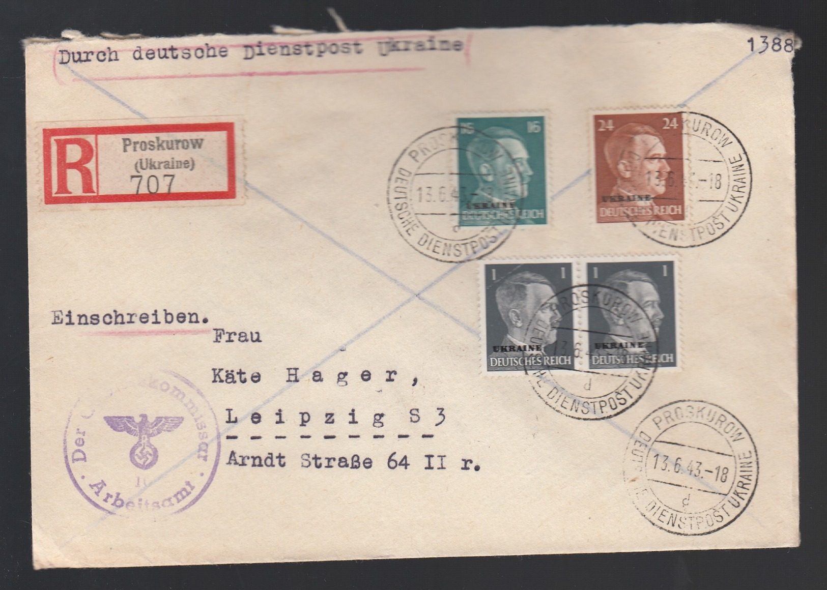 DR Deutsche Dienstpost Ukraine Einschreiben MiF 1943 Proskurow Nach Leipzig K695 - Dienstmarken