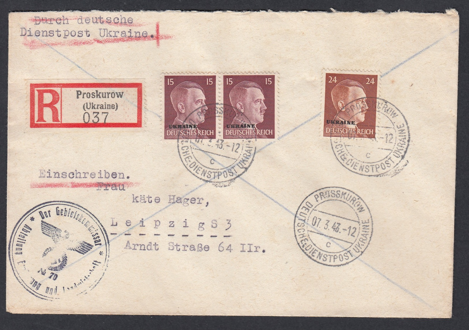 DR Deutsche Dienstpost Ukraine Einschreiben MiF 1943 Proskurow Nach Leipzig K696 - Dienstmarken