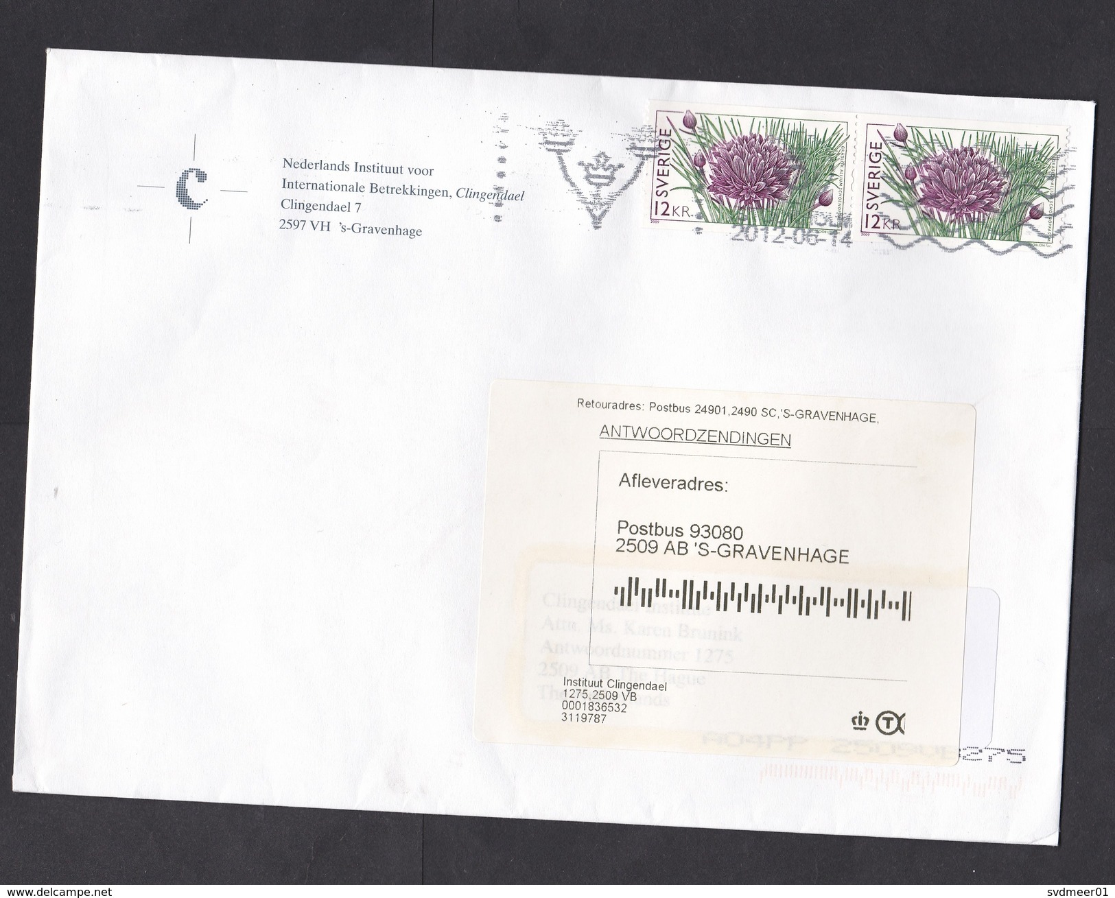 Sweden: Cover To Netherlands, 2012, 2 Stamps, Flower, Herb, Food, Auxiliary Label Forwarded (minor Damage) - Lettres & Documents