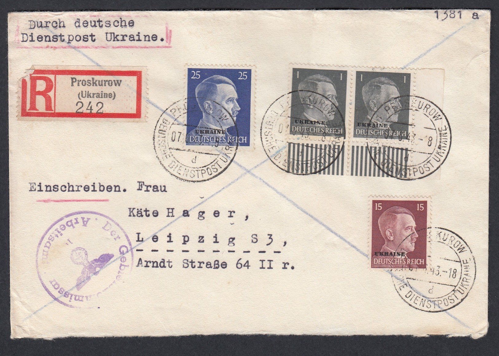 DR Deutsche Dienstpost Ukraine Einschreiben MiF Unterrandstück 1943 Proskurow Nach Leipzig K697 - Dienstmarken