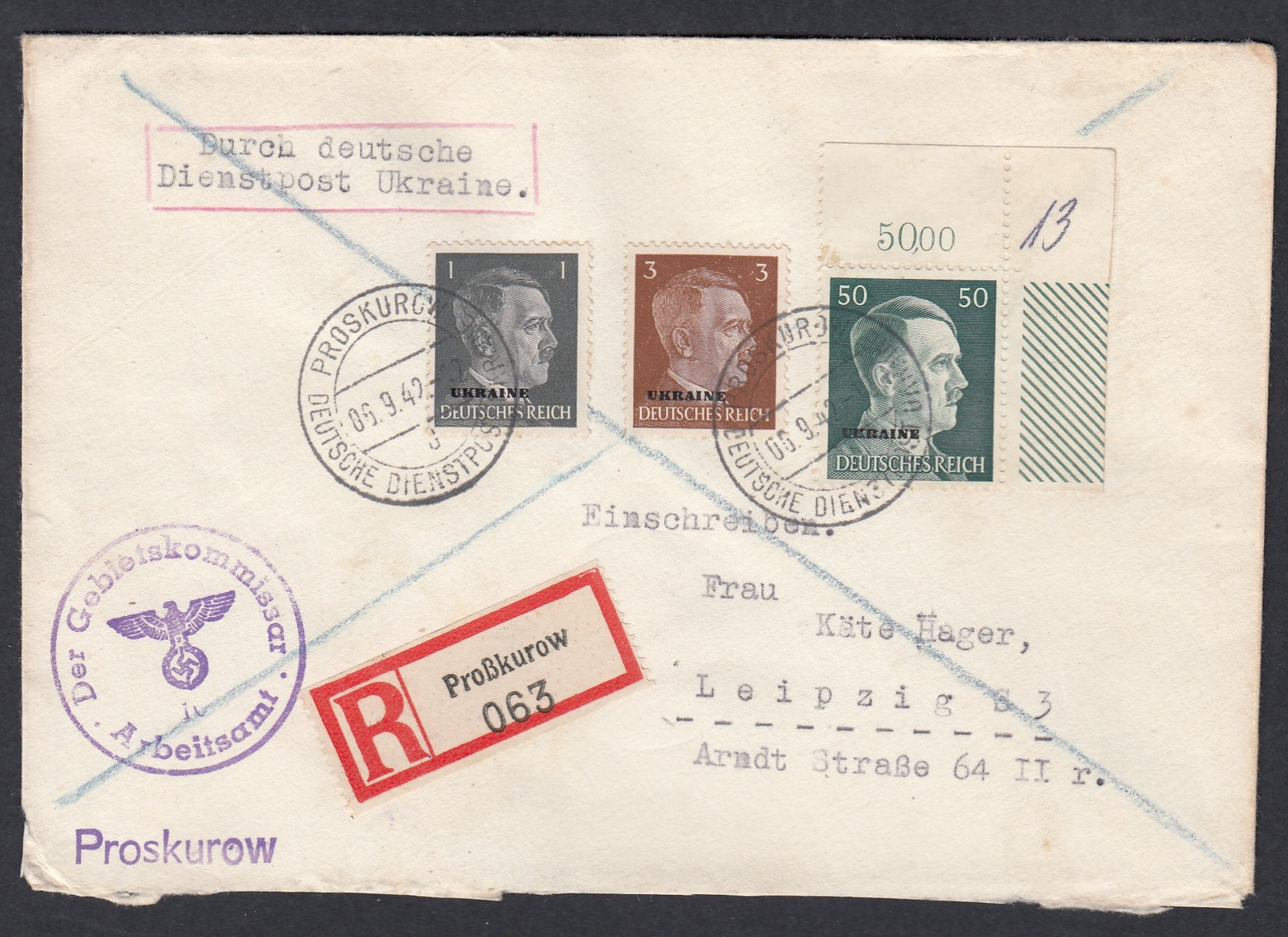 DR Deutsche Dienstpost Ukraine Einschreiben MiF Eckrandstück Bögenzähler 1942 Proskurow Nach Leipzig K700 - Dienstmarken
