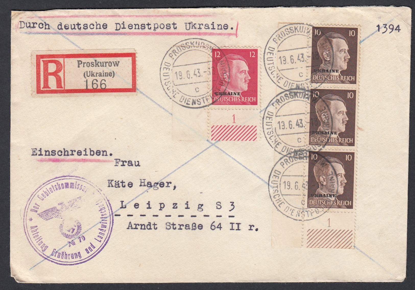 DR Deutsche Dienstpost Ukraine Einschreiben MiF Eckrandstücke 1943 Proskurow Nach Leipzig K702 - Dienstmarken