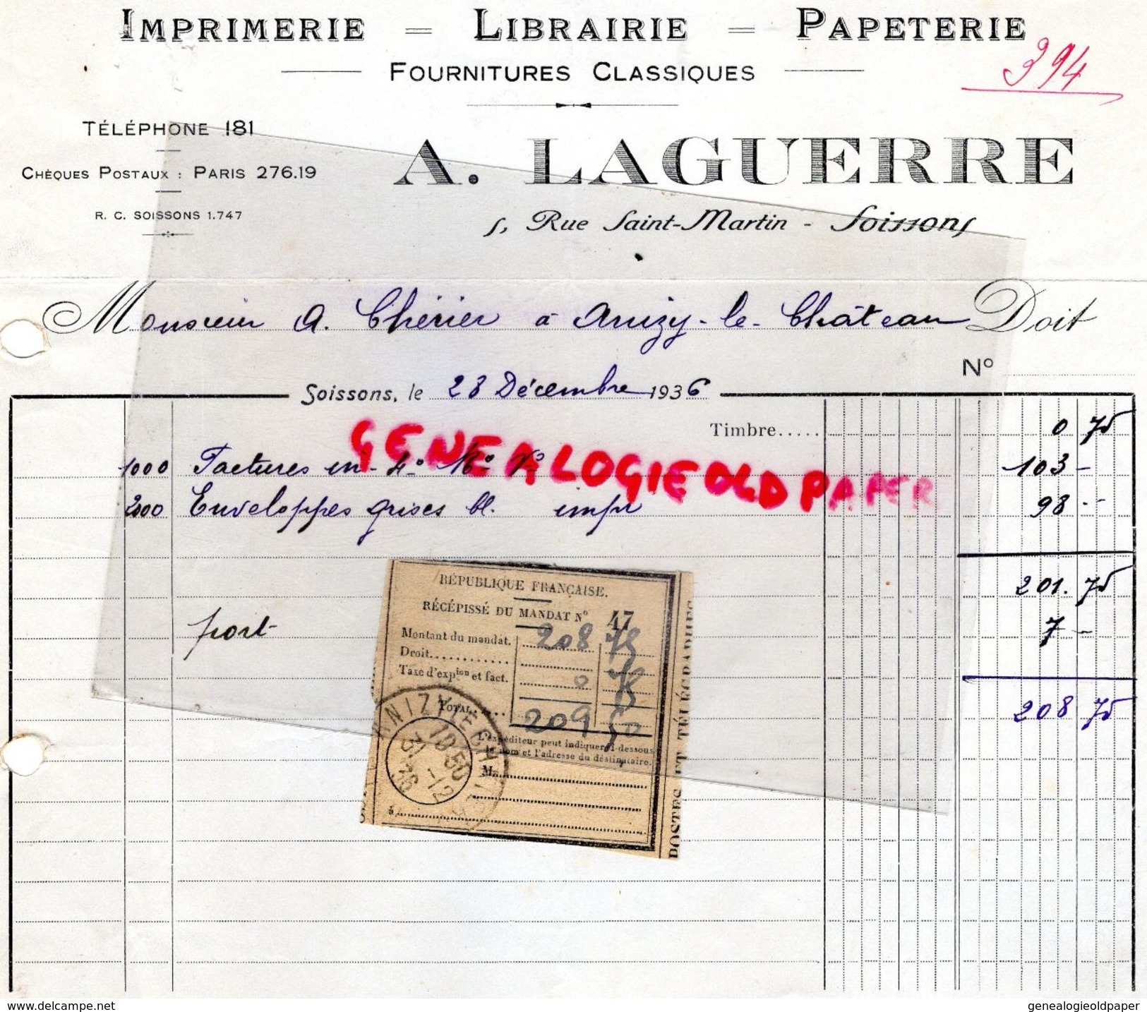 02- SOISSONS- RARE FACTURE A. LAGUERRE- IMPRIMERIE LIBRAIRIE PAPETERIE- 5 RUE SAINT MARTIN- 1936 - Printing & Stationeries