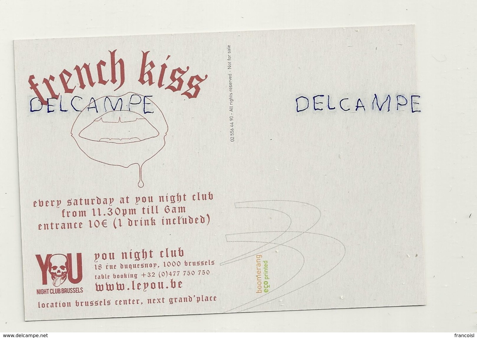 Carte Boomerang.  Bruxelles You Night Club "French Kiss" - Brussel Bij Nacht