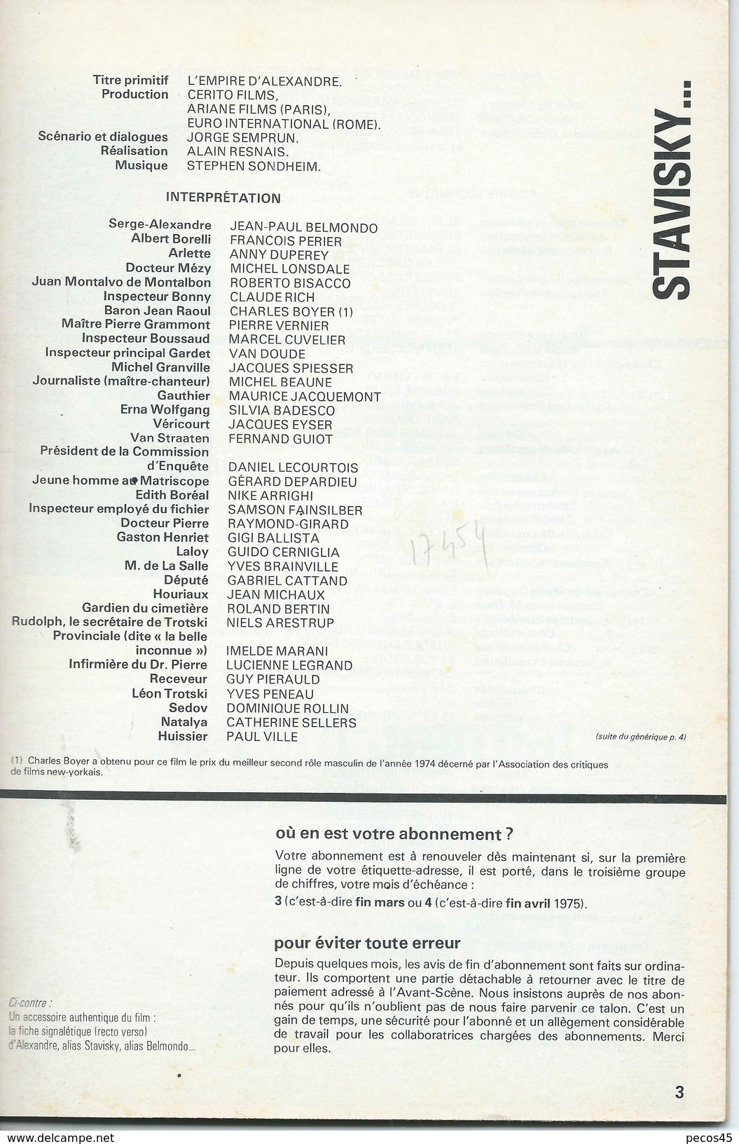 Avant-scène Cinéma N° 156 : "STAVISKY" D'Alain RESNAIS, Avec Jean-Paul BELMONDO... 1975. - Revistas