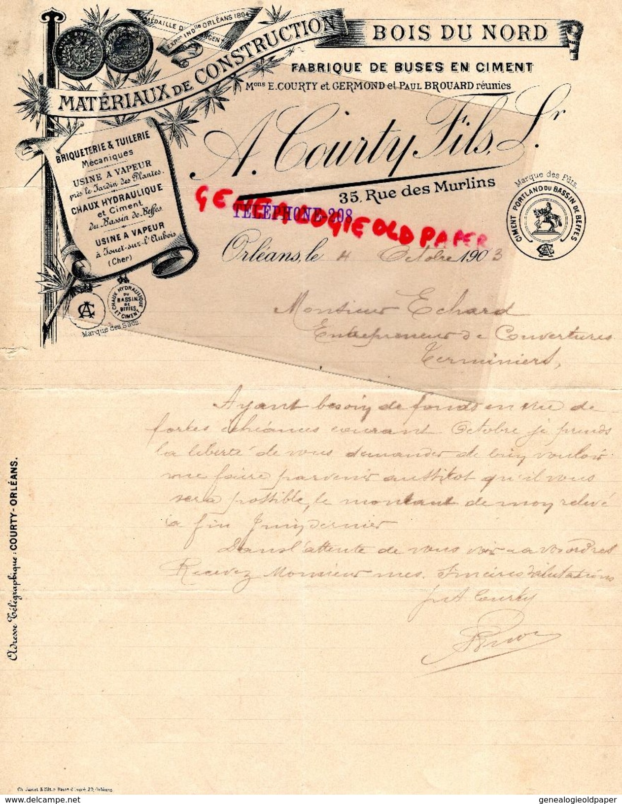 45-ORLEANS-RARE LETTRE A. COURTY FILS-GERMOND-BROUARD  MATERIAUX CONSTRUCTION BOIS DU NORD-1903 -BRIQUETERIE-RUE MURLINS - Petits Métiers