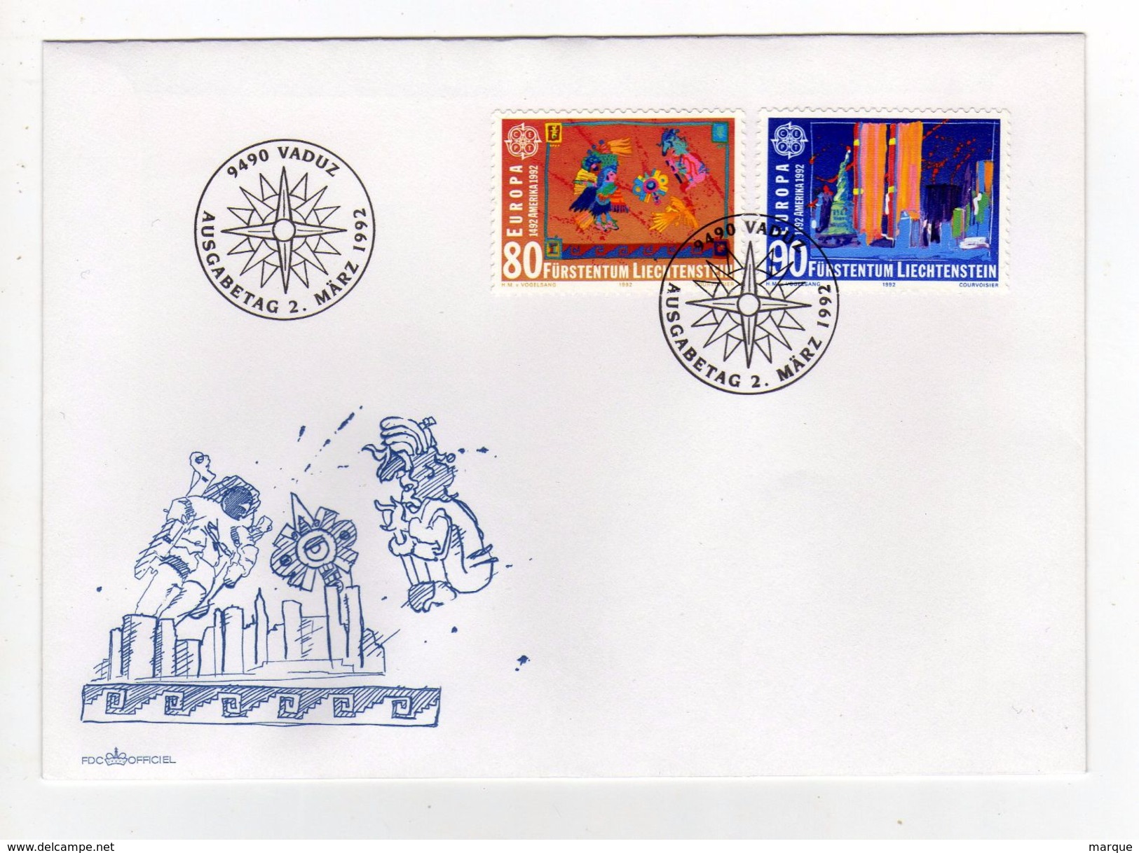 Enveloppe 1er Jour LIECHTENSTEIN Oblitération 9490 VADUZ 02/03/1992 - FDC