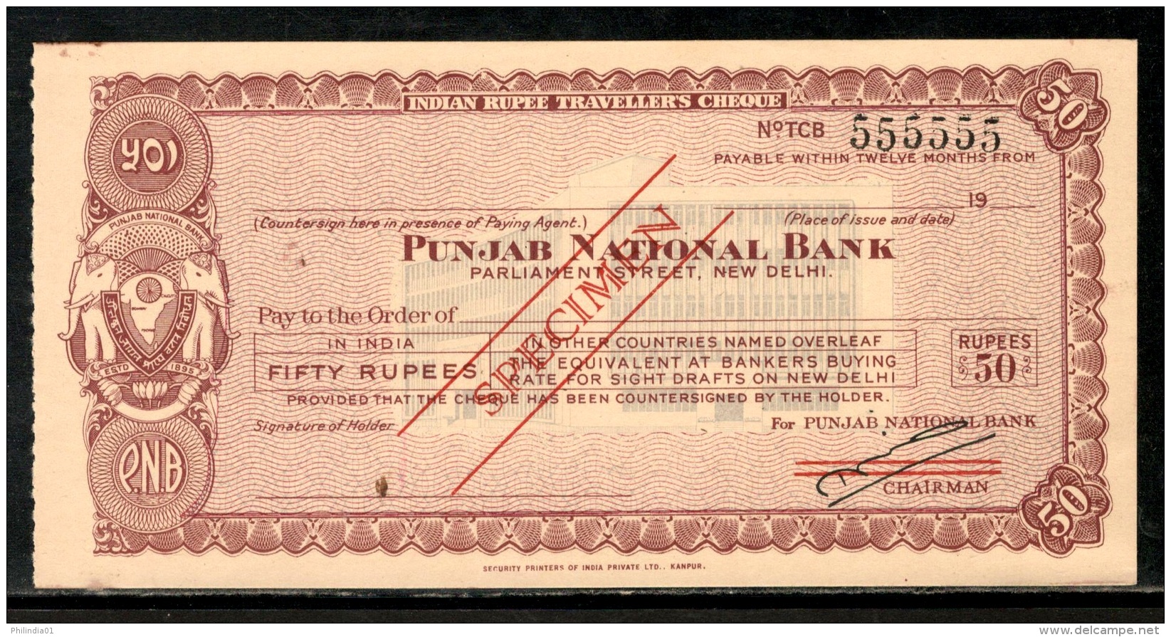 India Rs.50 Punjab National Bank Traveller's Cheques ' SPECIMEN ' RARE # 16221A - Cheques & Traveler's Cheques
